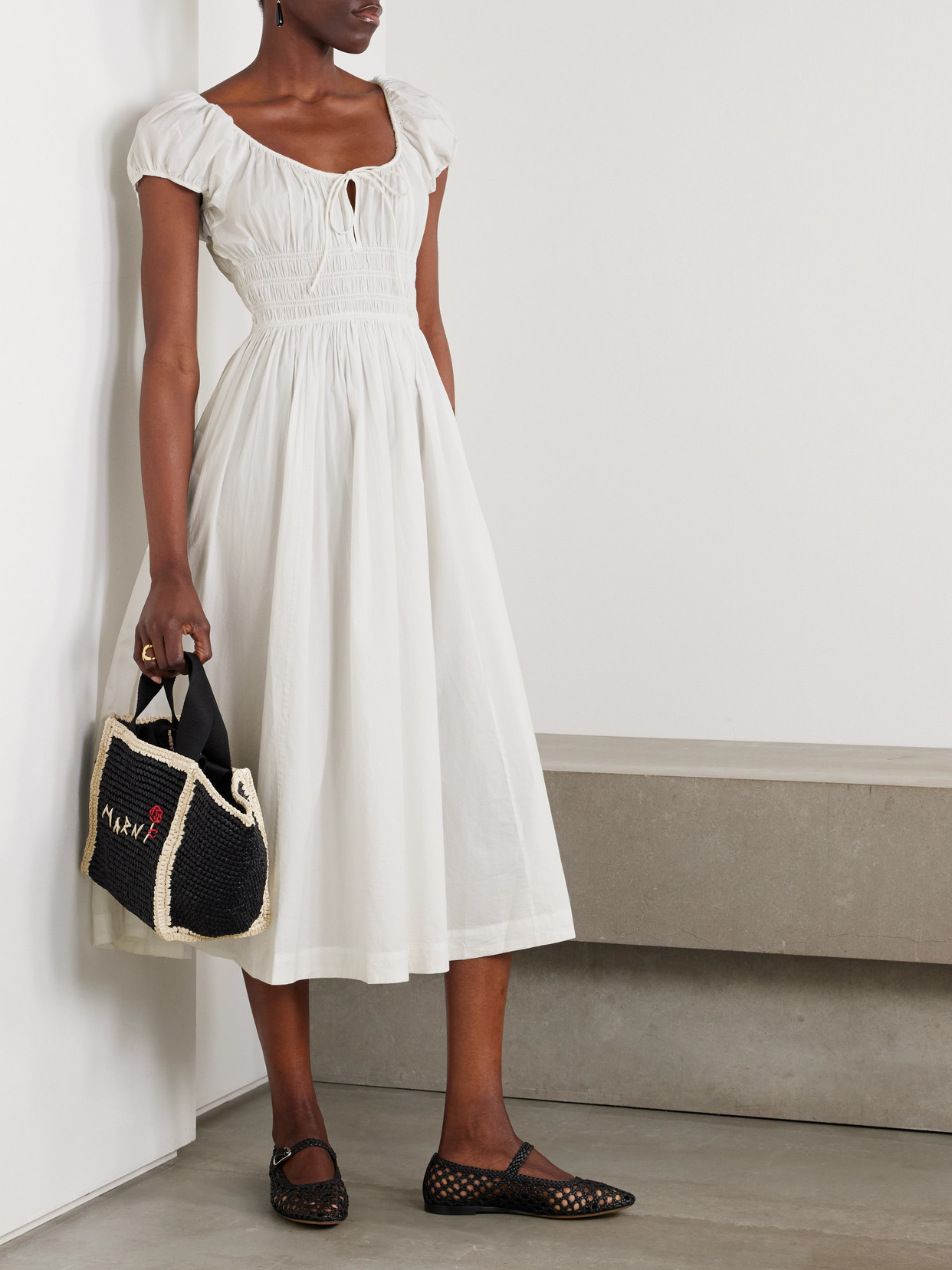 Shop Doen + Net Sustain Quinn Tie-detailed Shirred Organic Cotton-poplin Midi Dress In White