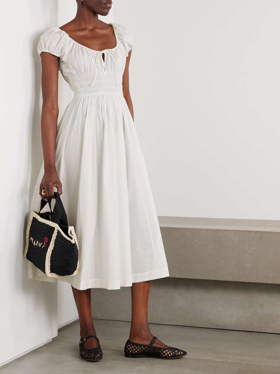 quinn tie-detailed shirred organic cotton-poplin midi dress