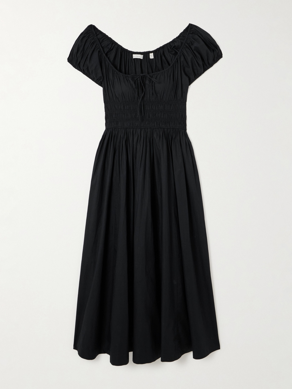 DÔEN - + Net Sustain Quinn Tie-detailed Shirred Organic Cotton-poplin Midi Dress - Black