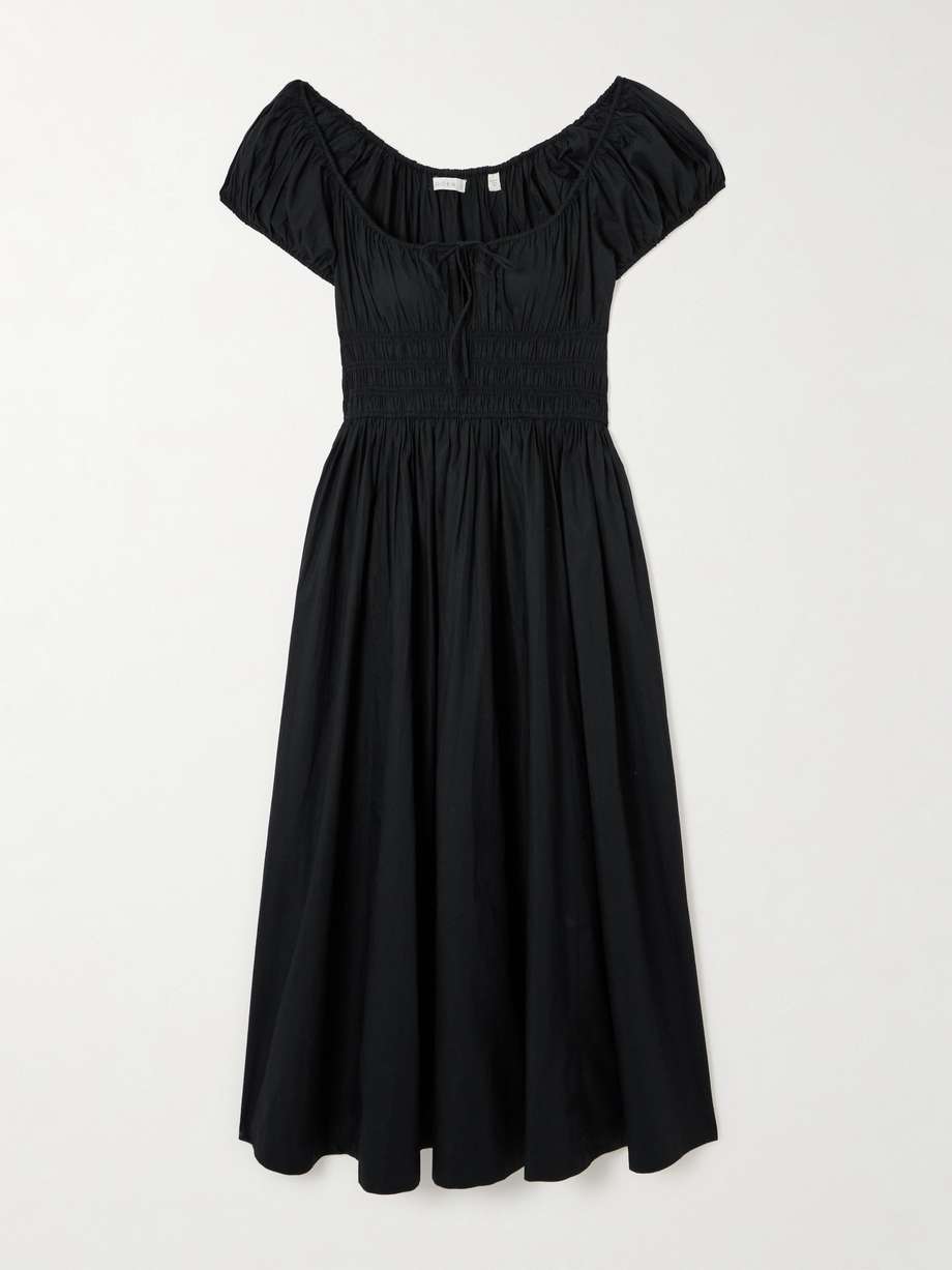 quinn tie-detailed shirred organic cotton-poplin midi dress