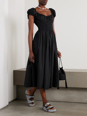 Dôen Quinn tie-detailed shirred organic cotton-poplin midi dress