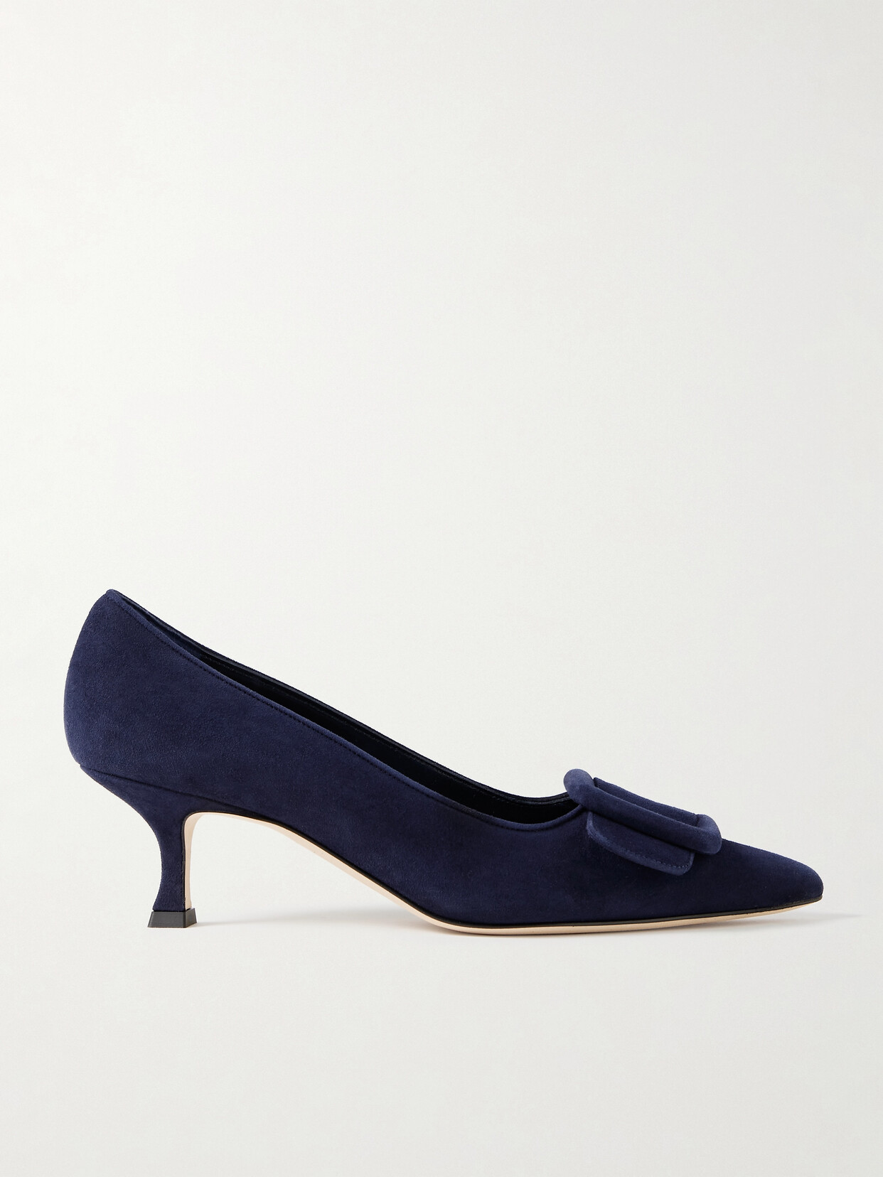 Manolo Blahnik Maysale Buckle Pointed Toe Pump In Navy