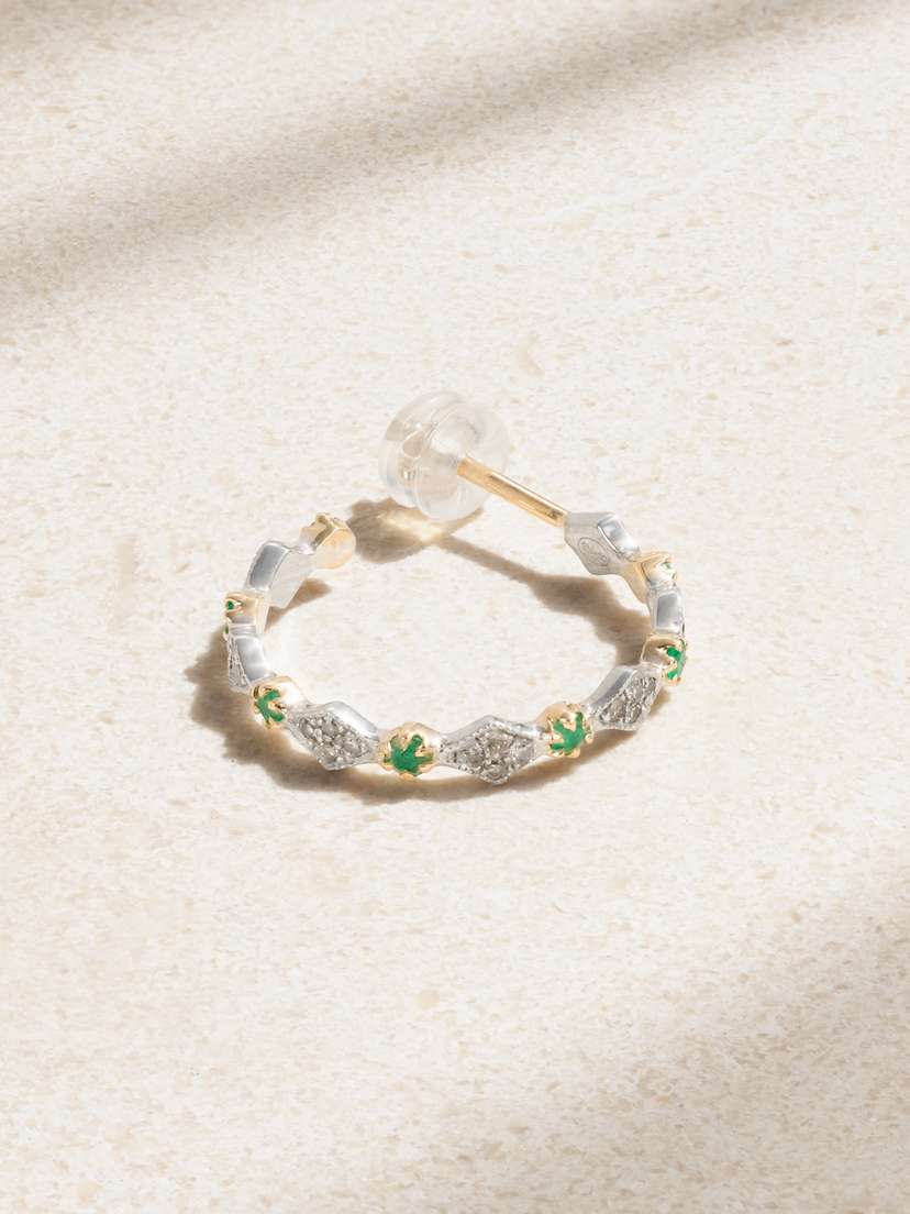 Pascale Monvoisin Ava 9-karat Gold, Sterling Silver, Emerald And Diamond Single Hoop Earring