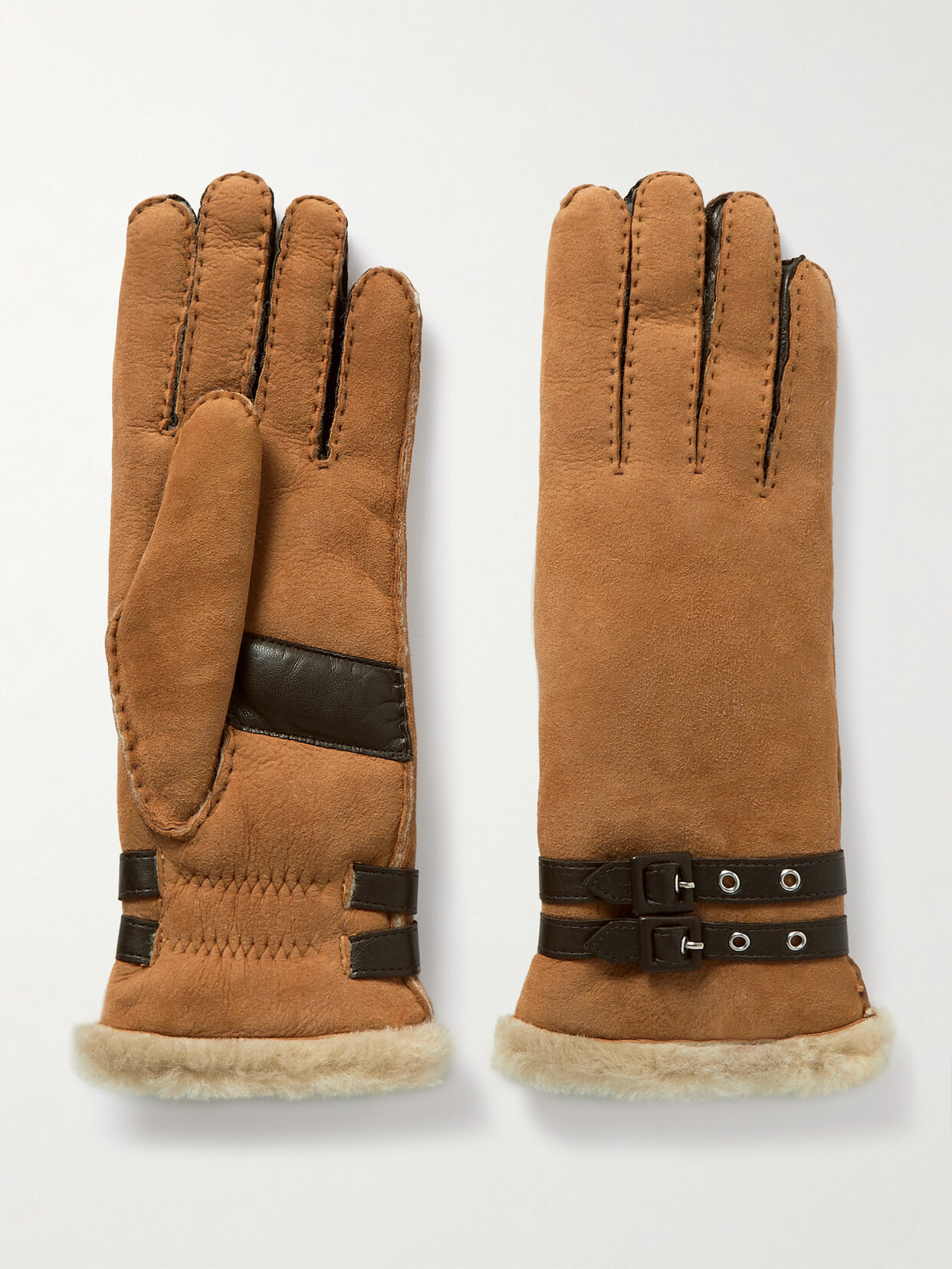 Agnelle Bombera Buckled Leather-trimmed Shearling Gloves - Brown