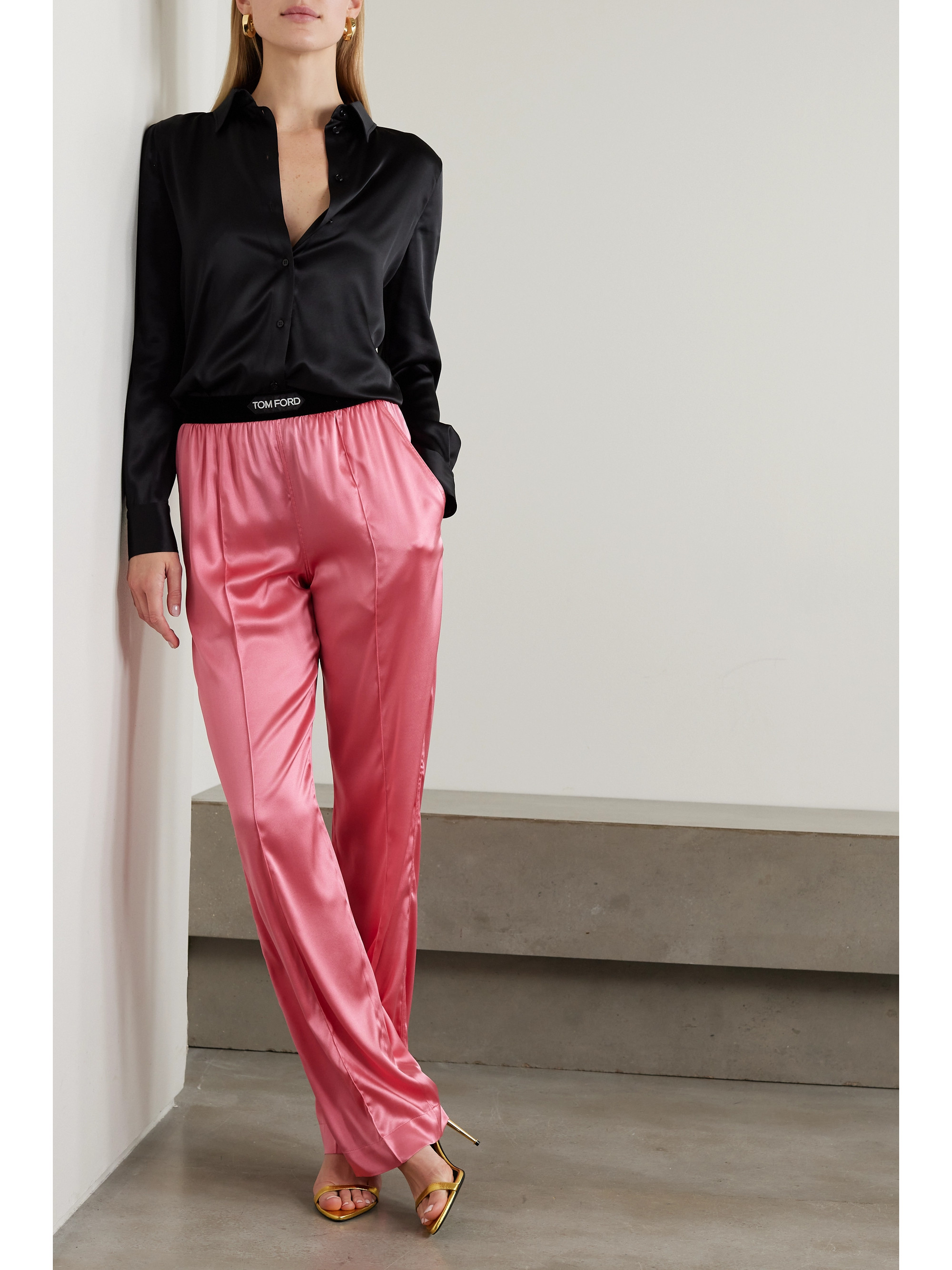 Tom Ford Jacquard-trimmed stretch-silk satin wide-leg pants