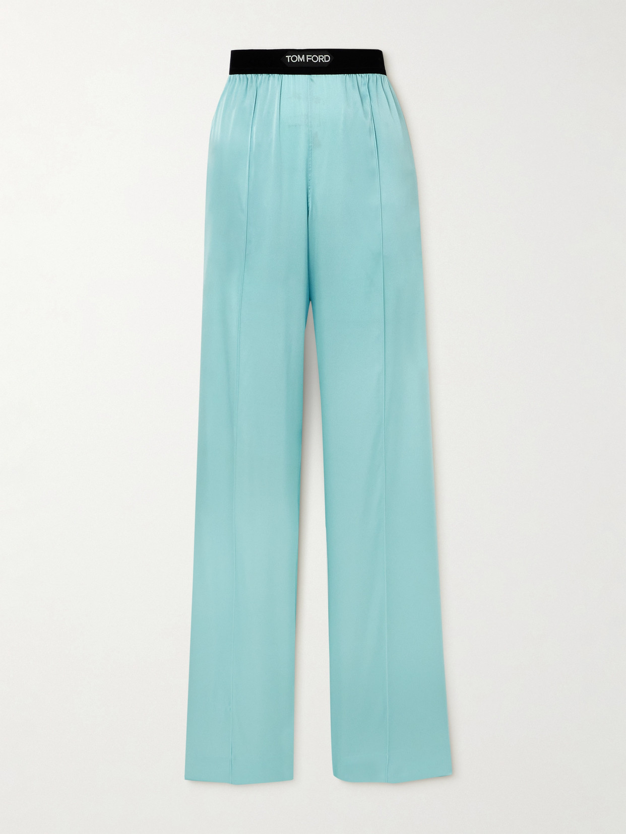 Shop Tom Ford Jacquard-trimmed Stretch-silk Satin Wide-leg Pants In Blue