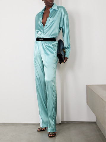 Tom Ford Jacquard-trimmed stretch-silk satin wide-leg pants