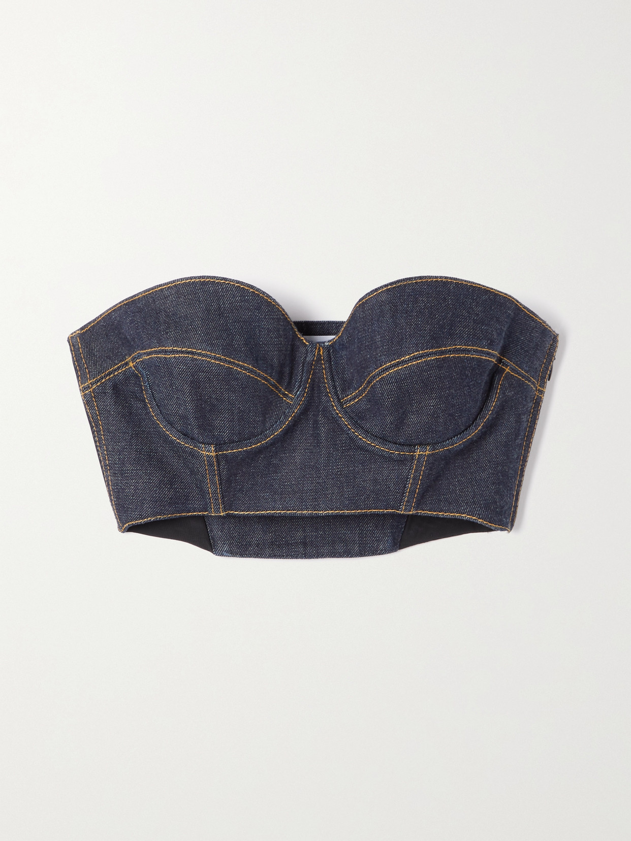 ALAÏA CROPPED DENIM BUSTIER TOP
