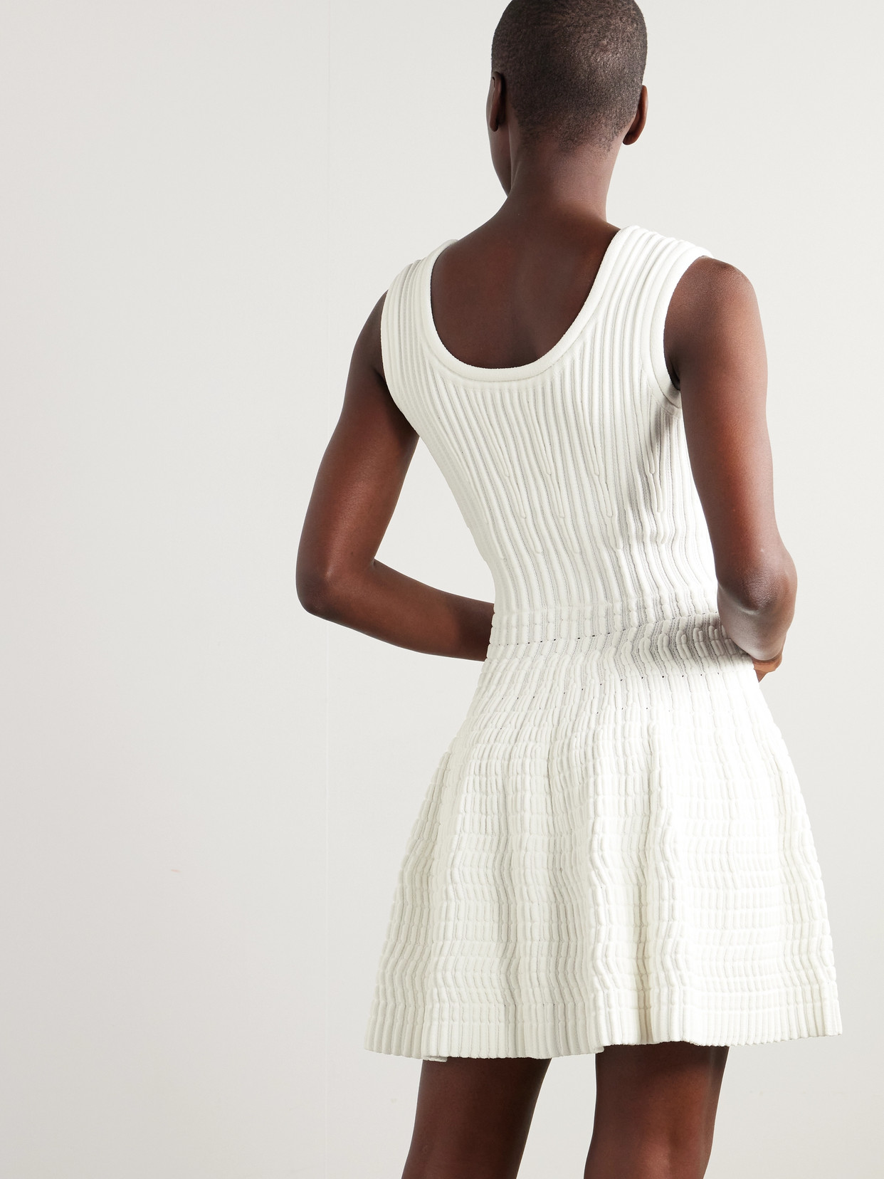 Alaïa Flared Skater Mini Dress With Lace Detail In White