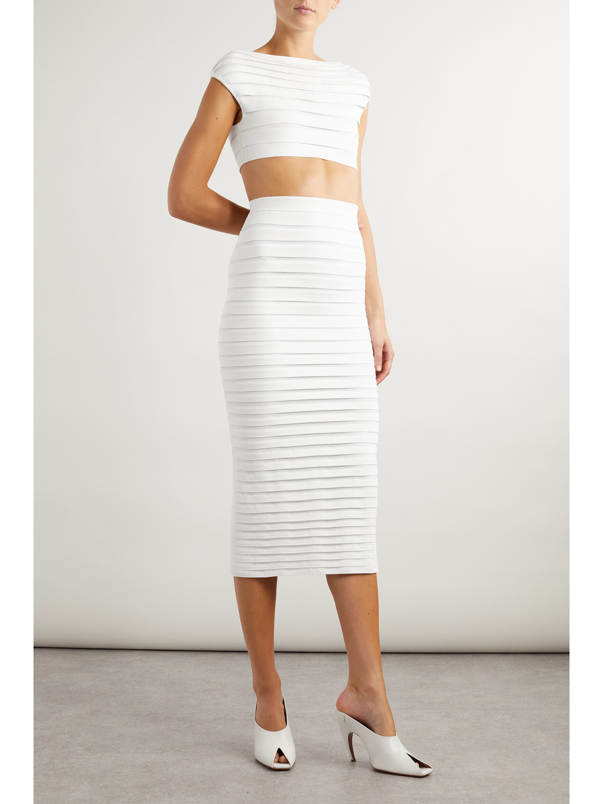 ALAÏA LAYERED STRETCH-KNIT MIDI SKIRT