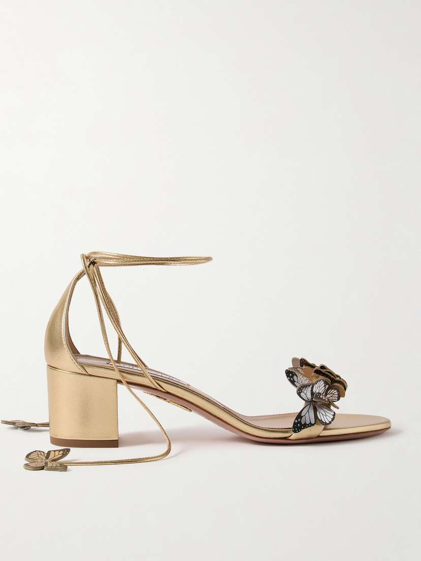 Aquazzura Papillon 50 Embellished Metallic Leather Sandals