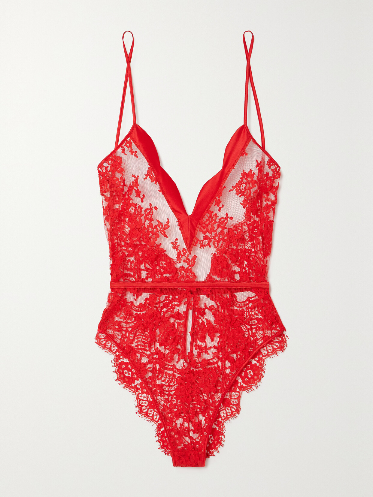 Coco De Mer Marella Lace And Satin-trimmed Embroidered Tulle Bodysuit In Red