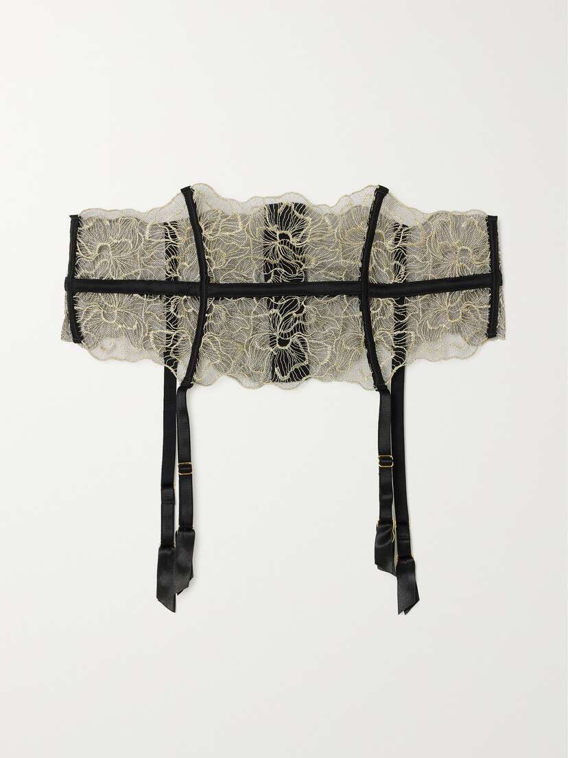 Coco de Mer Damona Satin-trimmed Metallic Leavers Lace Suspender Belt