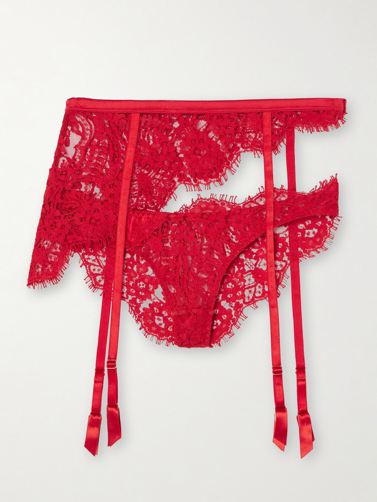 Coco De Mer Marella Asymmetric Satin-trimmed Lace Open Suspender Briefs In Red