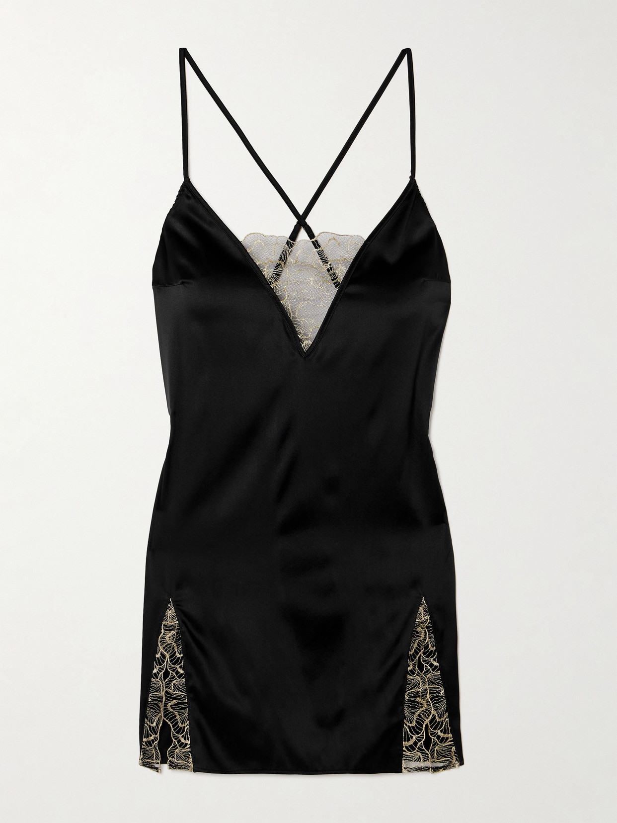 Coco de Mer Damona Metallic Lace-trimmed Satin Chemise - Black