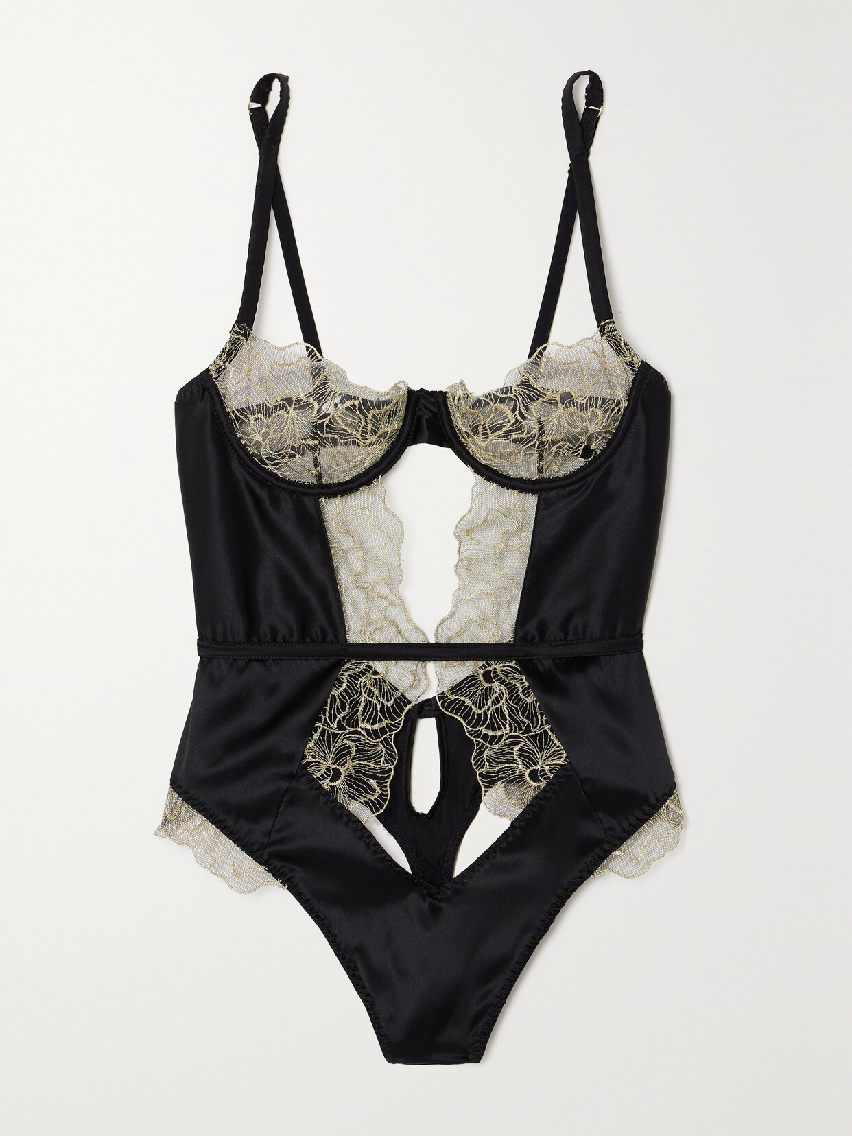 Coco de Mer Damona Leavers Lace-trimmed Cutout Satin Bodysuit - Multi