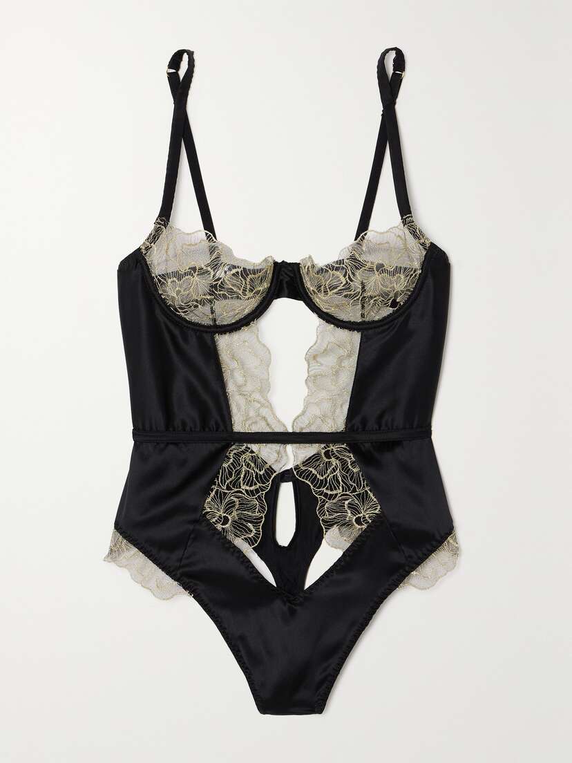 Coco de Mer Damona Leavers Lace-trimmed Cutout Satin Bodysuit