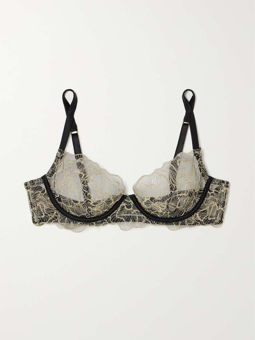 Coco de Mer Damona Satin-trimmed Metallic Leaver's Lace Underwired Bra