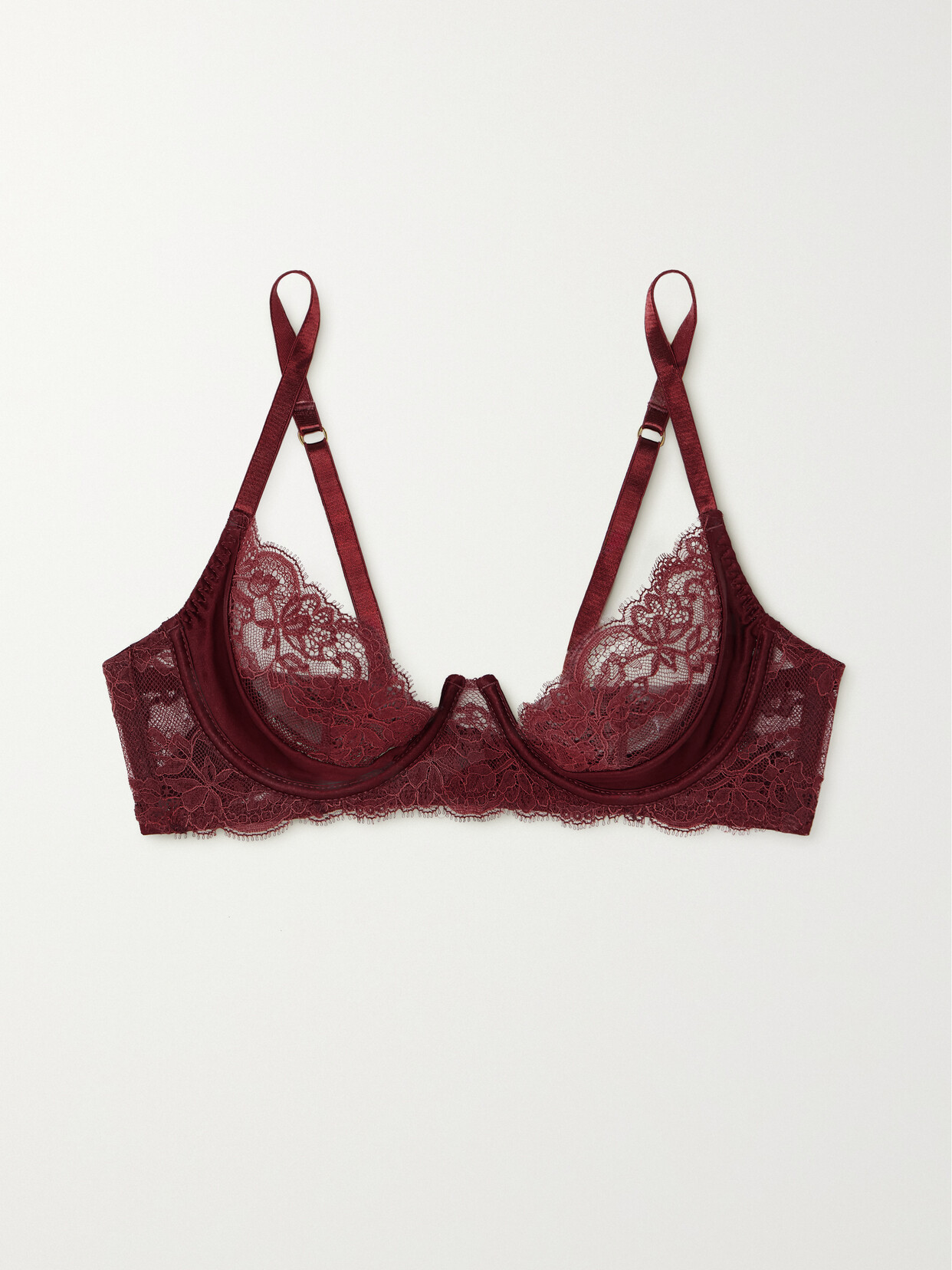 Shop Coco De Mer Seraphine Silk-blend Satin And Lace Underwired Plunge Bra In Burgundy