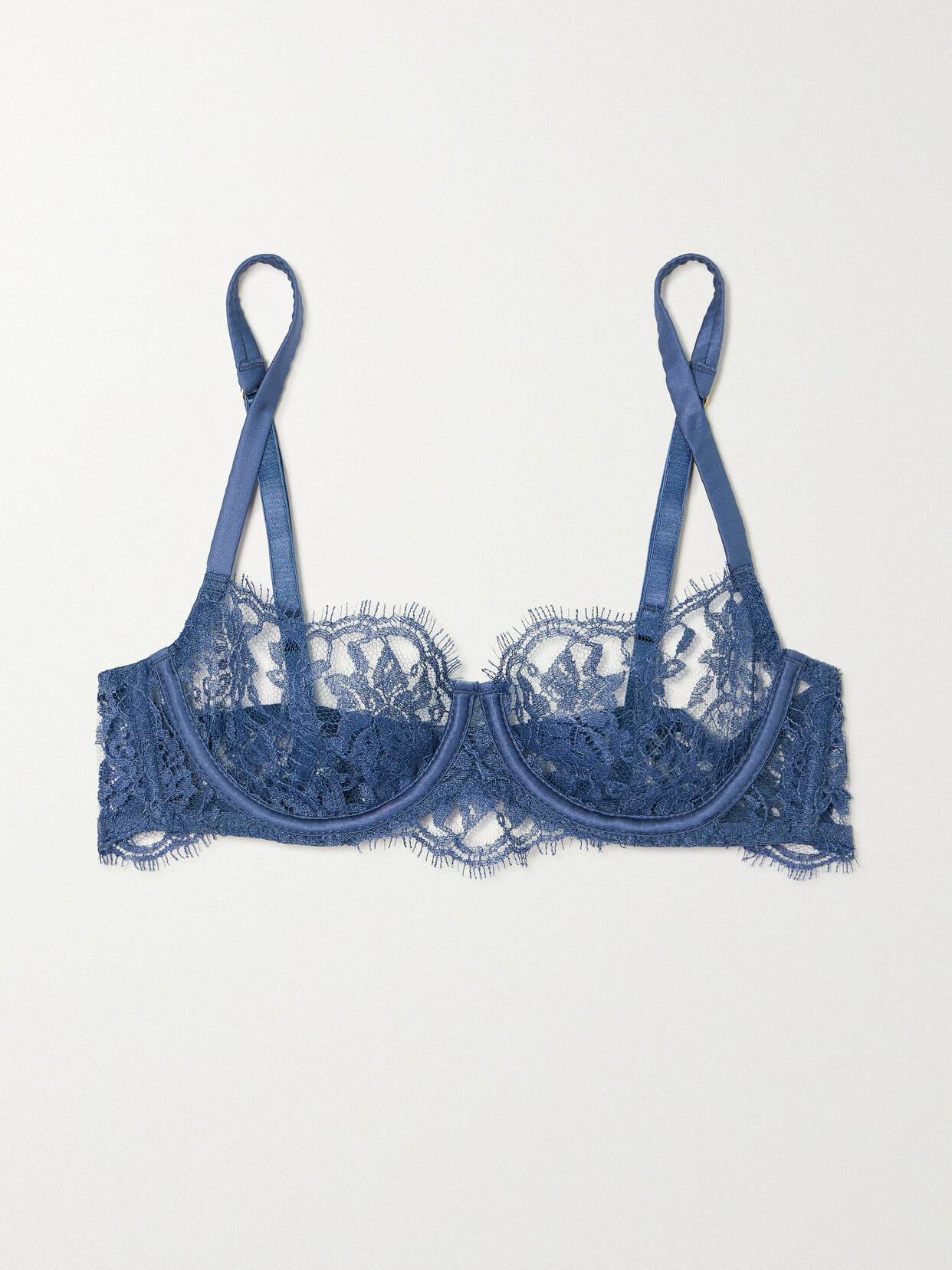 Coco De Mer Hera Satin-trimmed Leavers Lace Underwired Balconette Bra In Blue