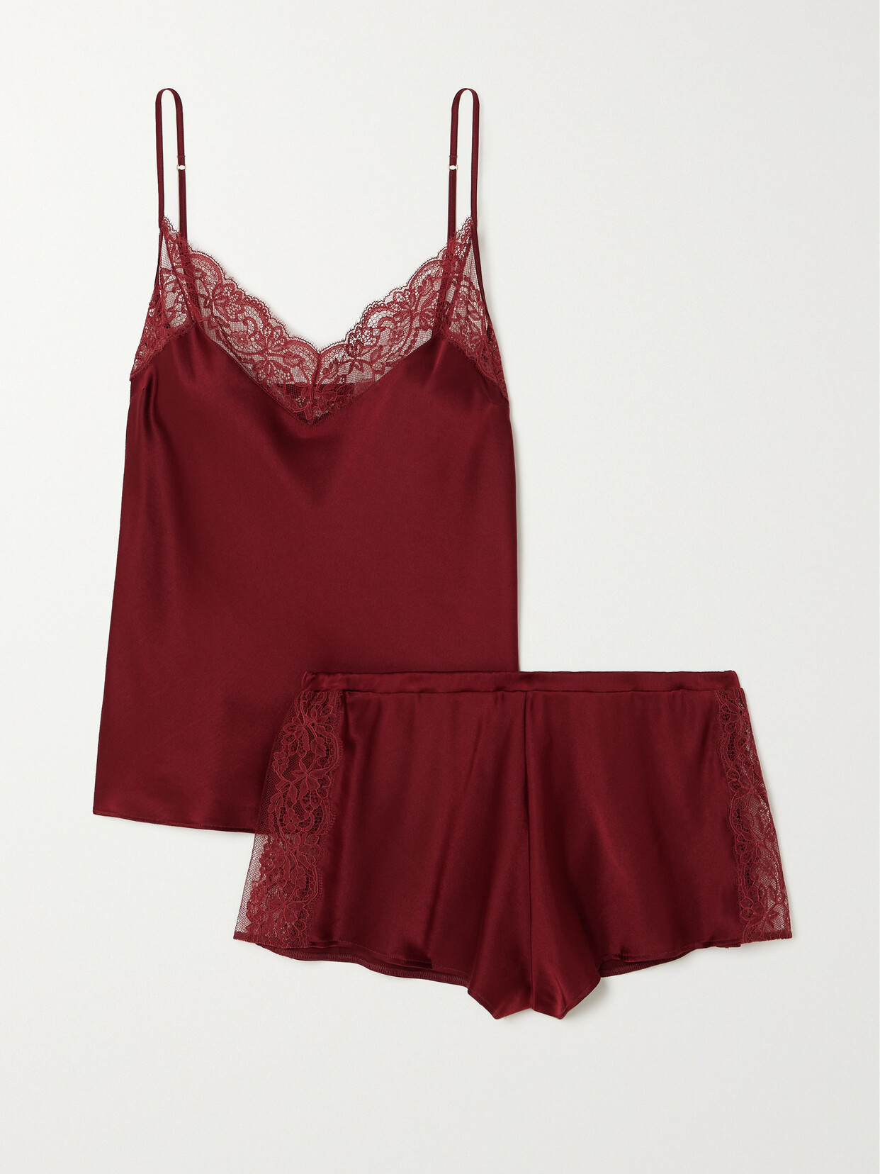 Coco de Mer - Seraphine Lace-trimmed Duchesse Silk-blend Satin Pajama Set - Burgundy