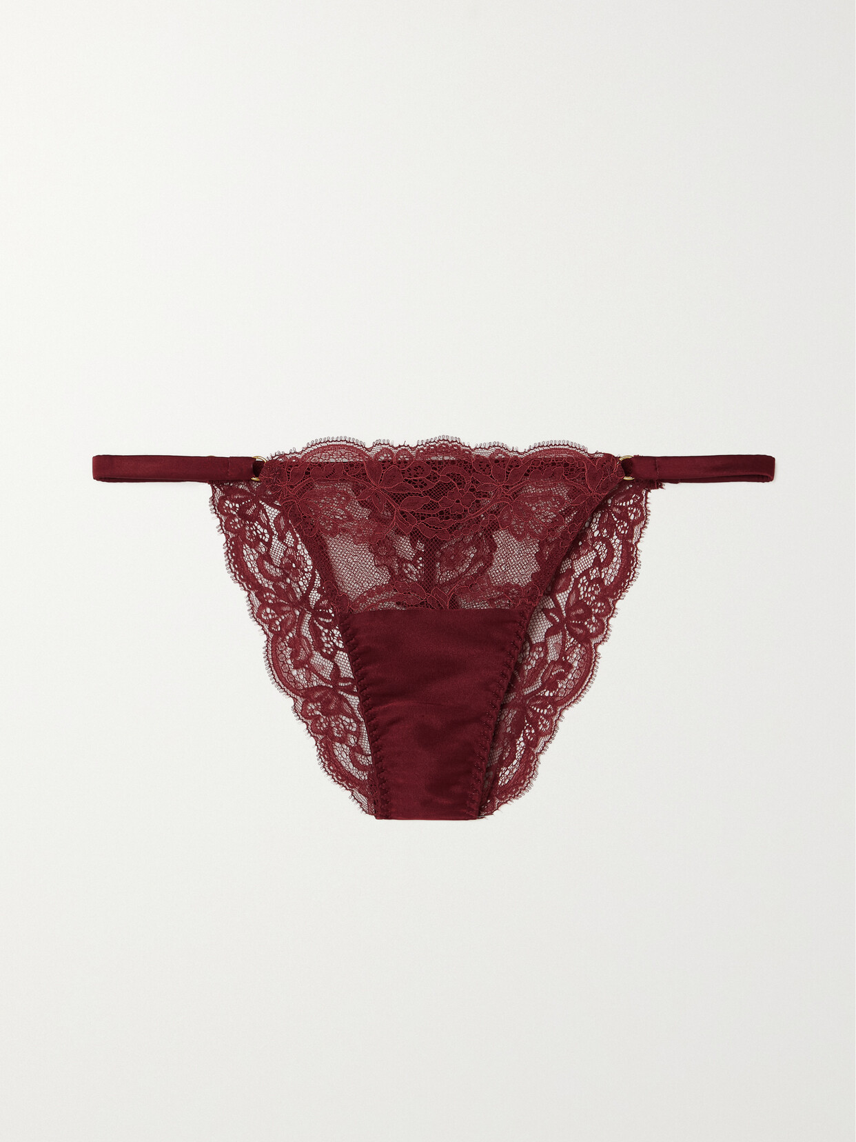 Coco De Mer Seraphine Silk-blend Satin-trimmed Leavers Lace Brazilian Briefs In Burgundy