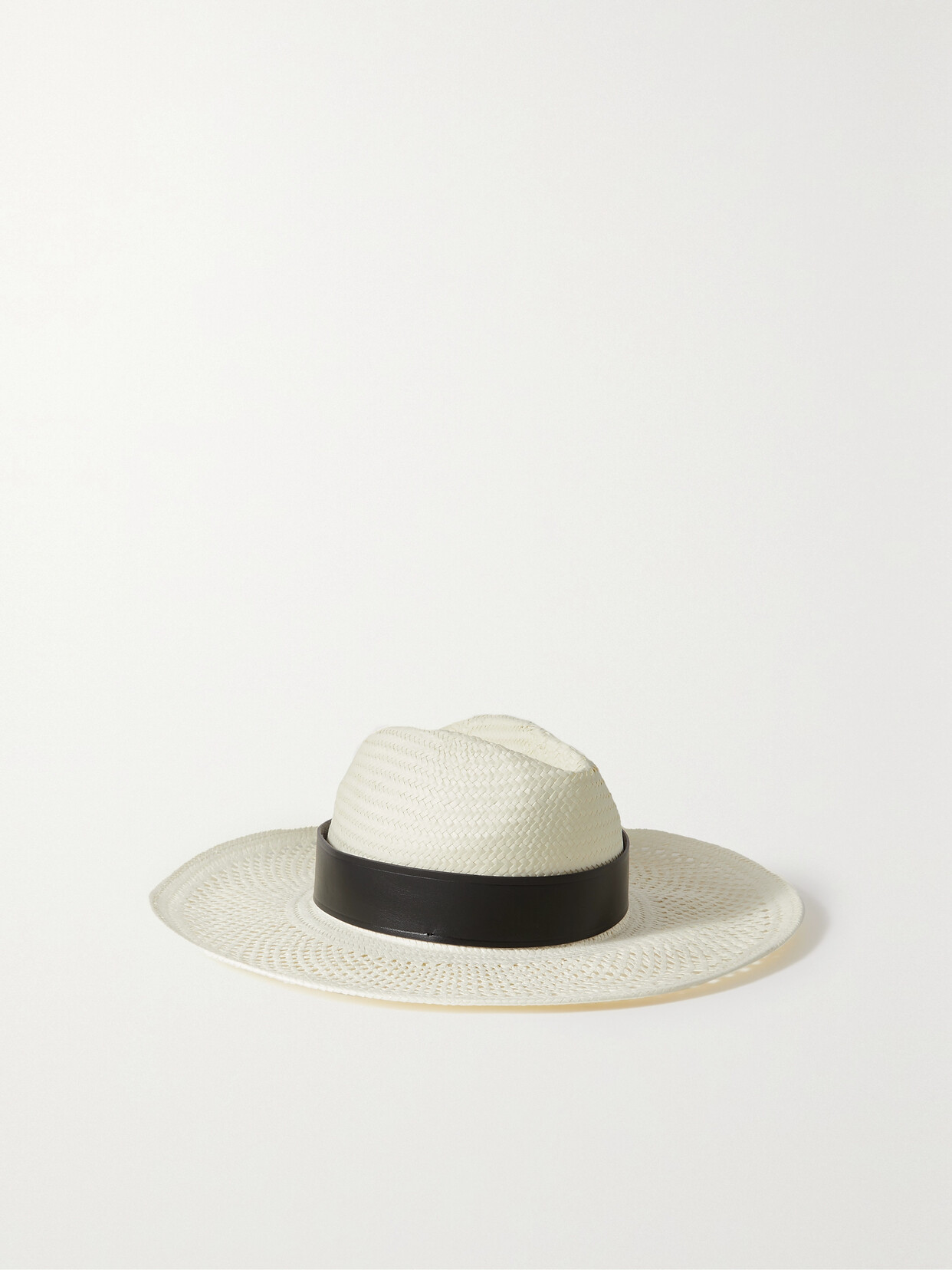 MAX MARA SIDNEY FAUX LEATHER-TRIMMED RAFFIA HAT