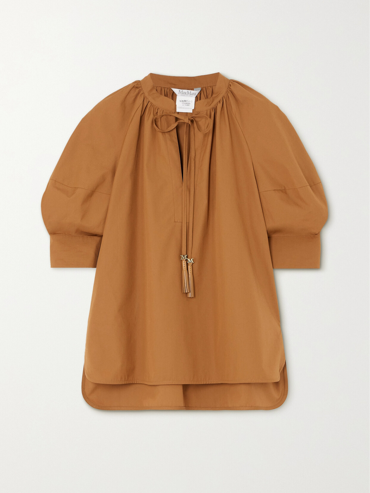 Max Mara Carpi Tasseled Leather-trimmed Cotton-poplin Blouse In Brown