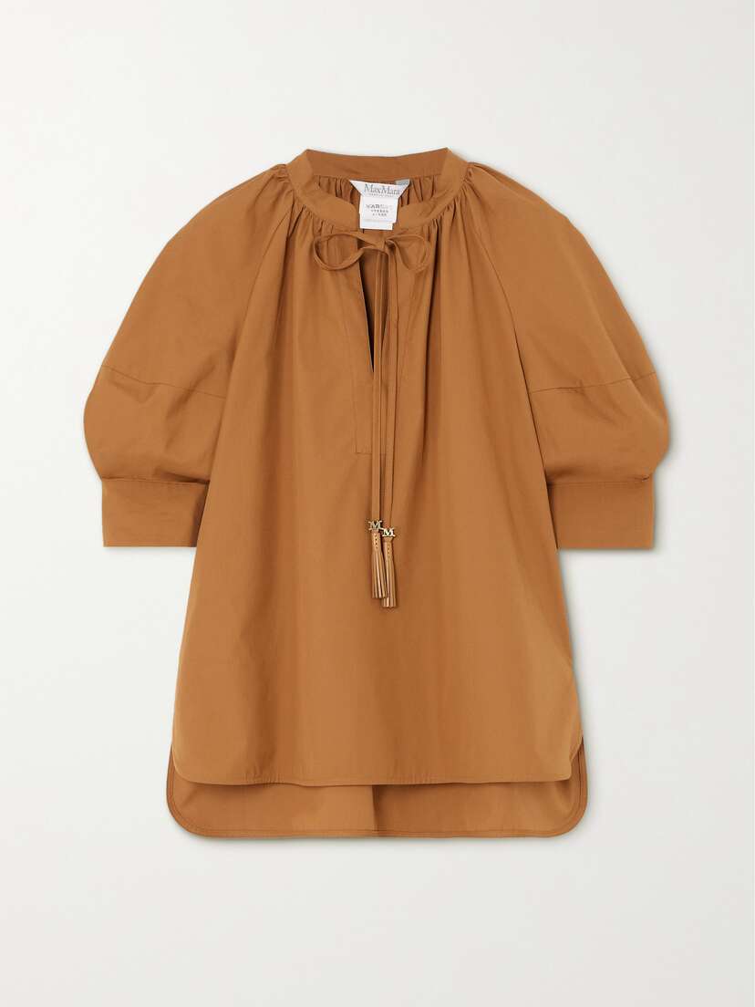 Max Mara Carpi Tasseled Leather-trimmed Cotton-poplin Blouse