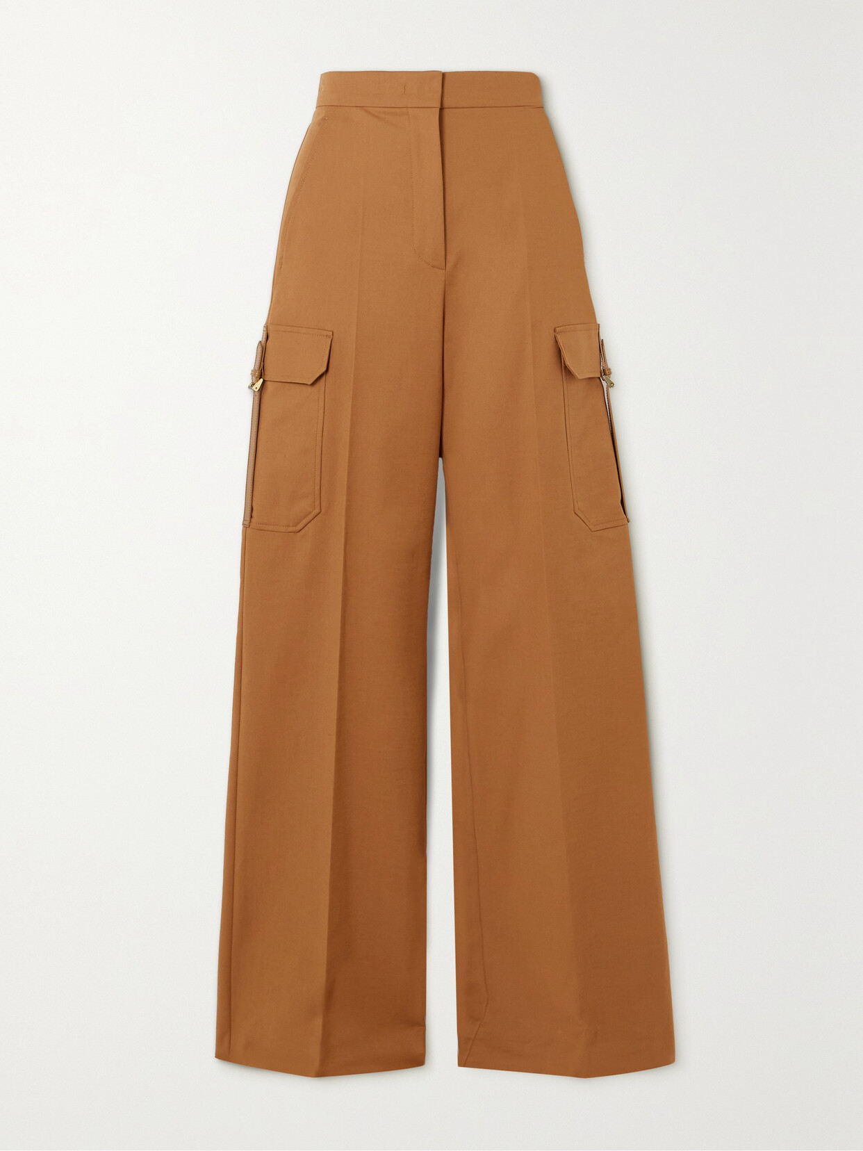 Max Mara Edda Leather-trimmed Cotton-blend Poplin Wide-leg Cargo Pants In Brown