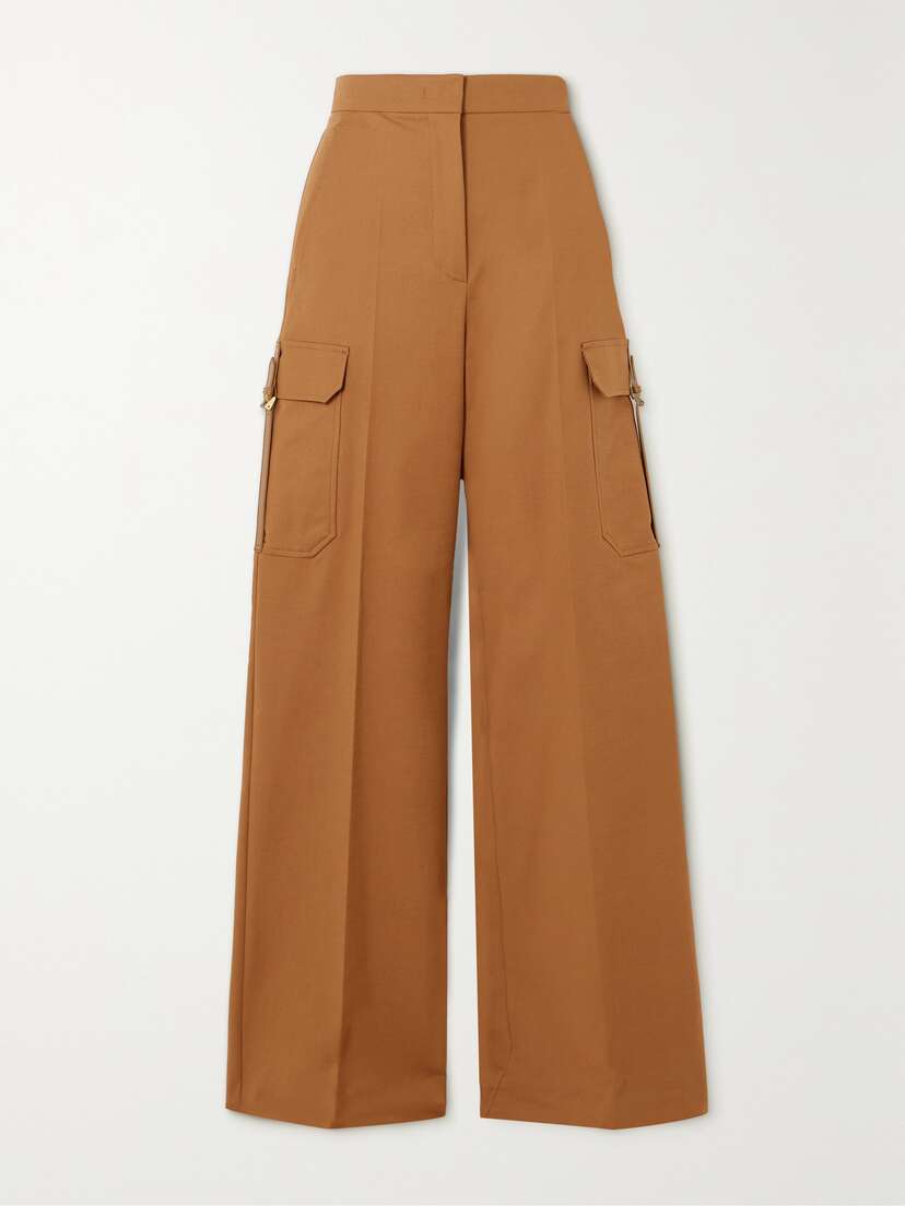 Max Mara Edda Leather-trimmed Cotton-blend Poplin Wide-leg Cargo Pants