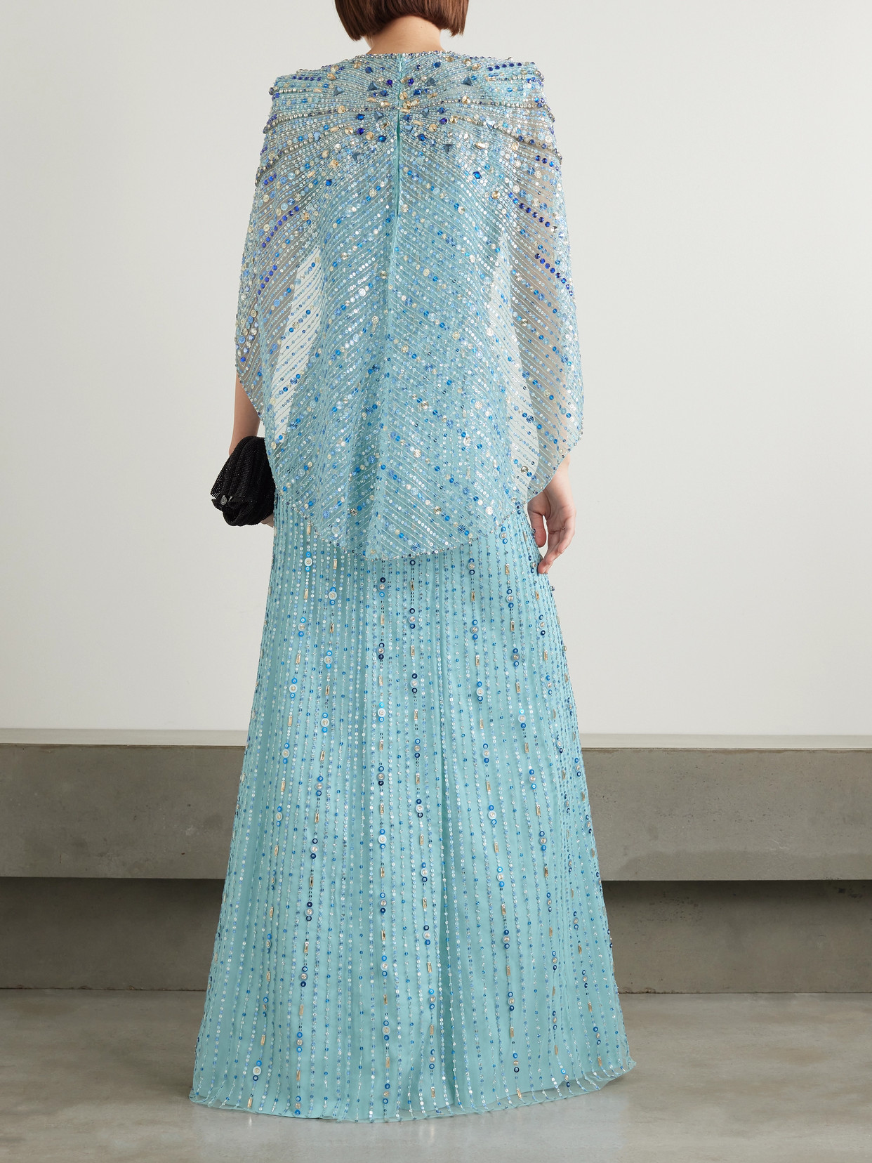 Shop Jenny Packham Cape-effect Ruched Crystal And Sequin-embellished Tulle Gown In Blue