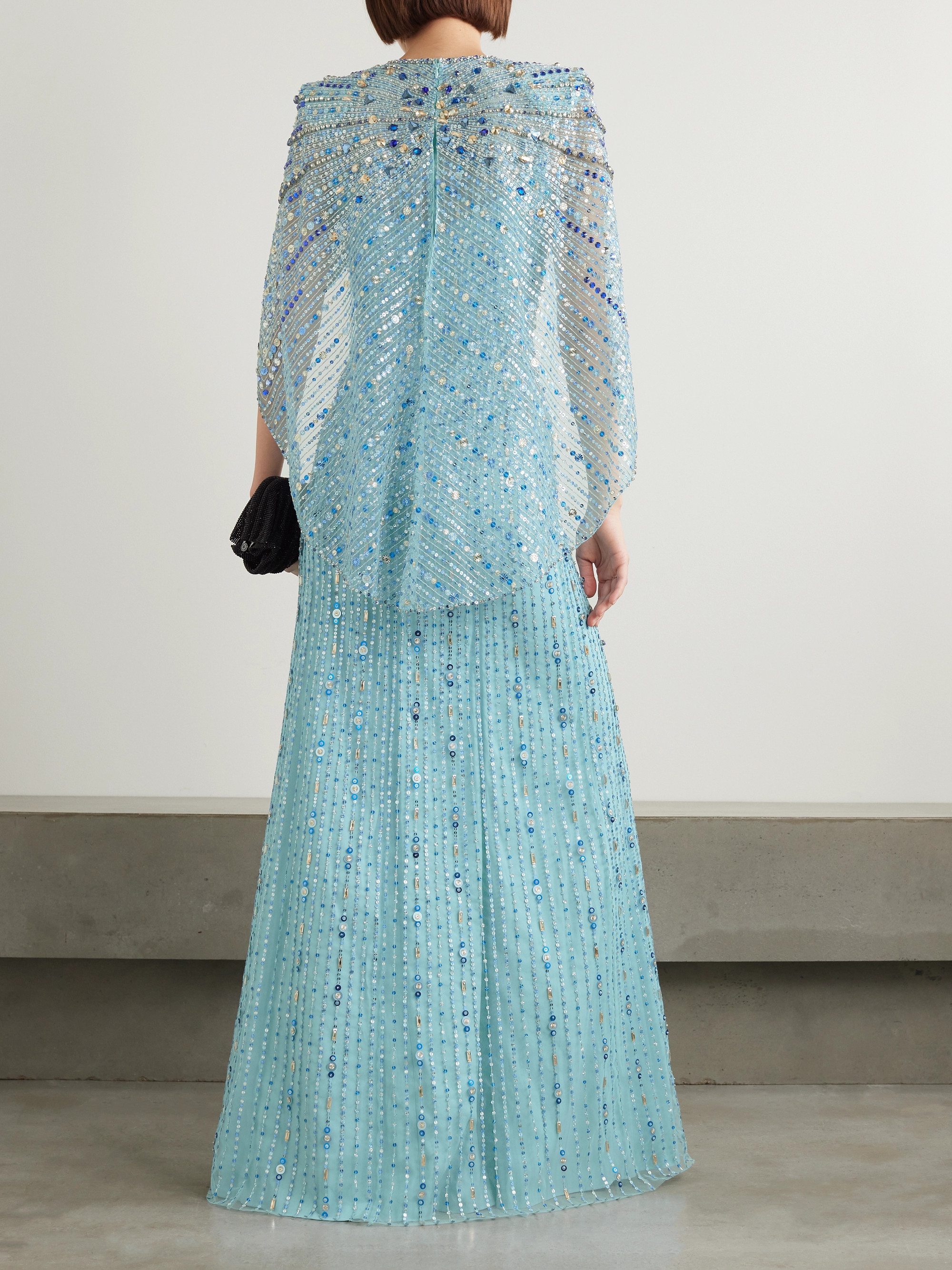 Jenny Packham Cape-effect ruched crystal and sequin-embellished tulle gown thumbnail