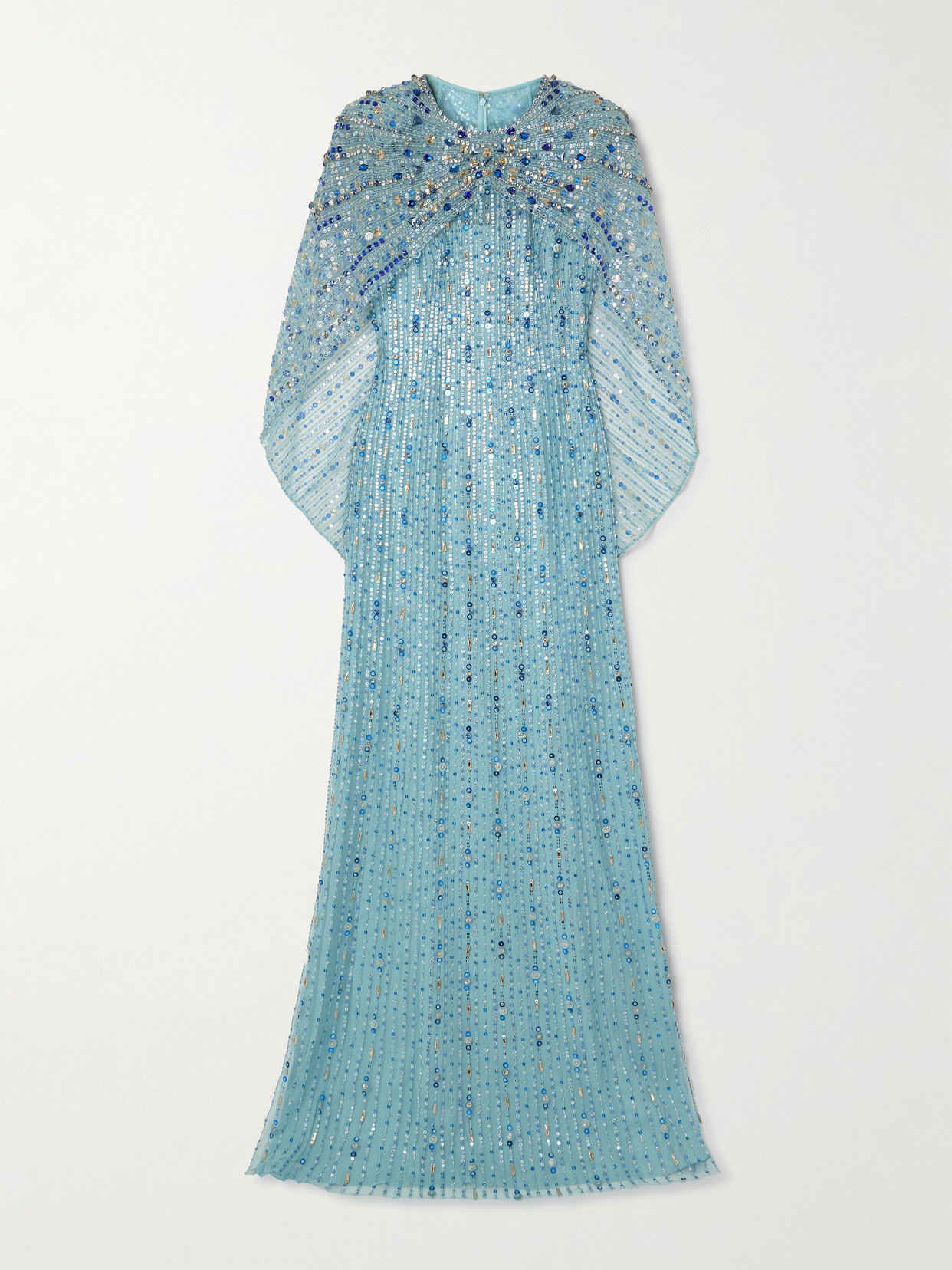 Jenny Packham Cape-effect Ruched Crystal And Sequin-embellished Tulle Gown In Blue