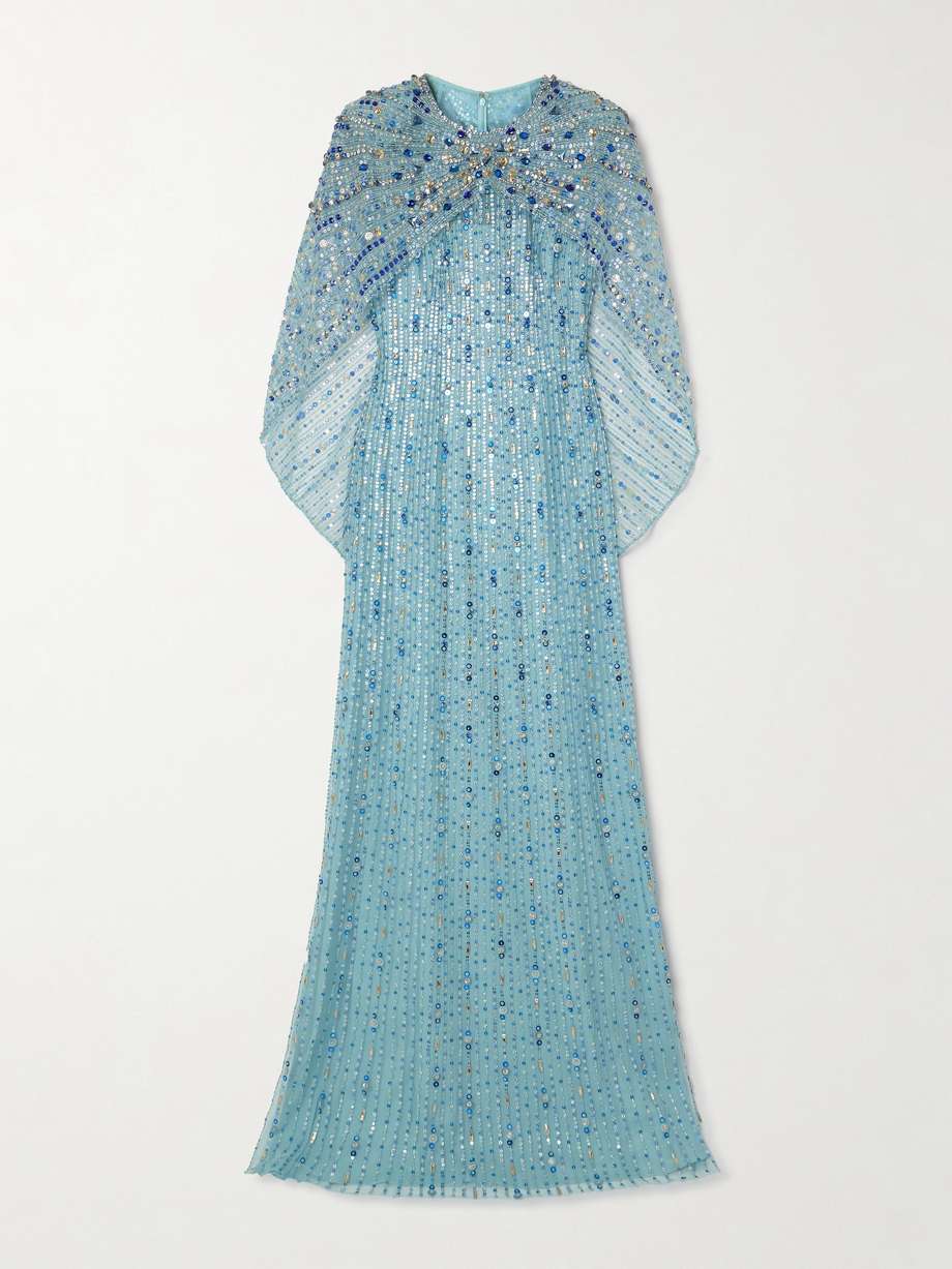 cape-effect ruched crystal and sequin-embellished tulle gown