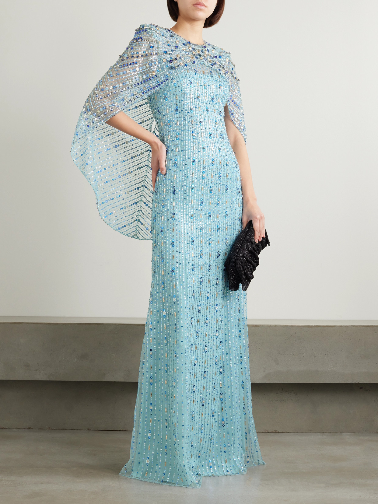 Shop Jenny Packham Cape-effect Ruched Crystal And Sequin-embellished Tulle Gown In Blue