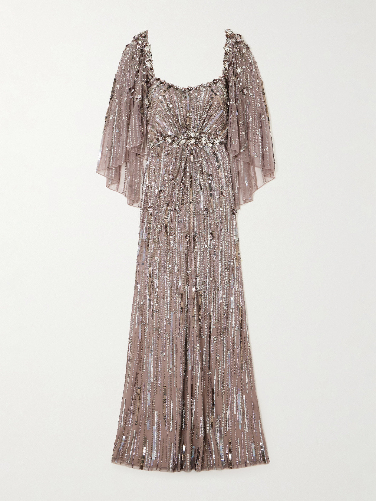 Jenny Packham Cape-effect Embellished Tulle Gown In Metallic