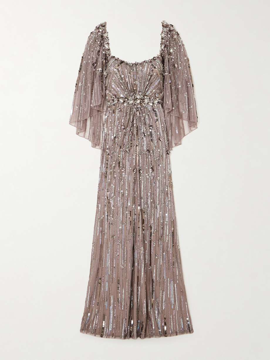 cape-effect embellished tulle gown