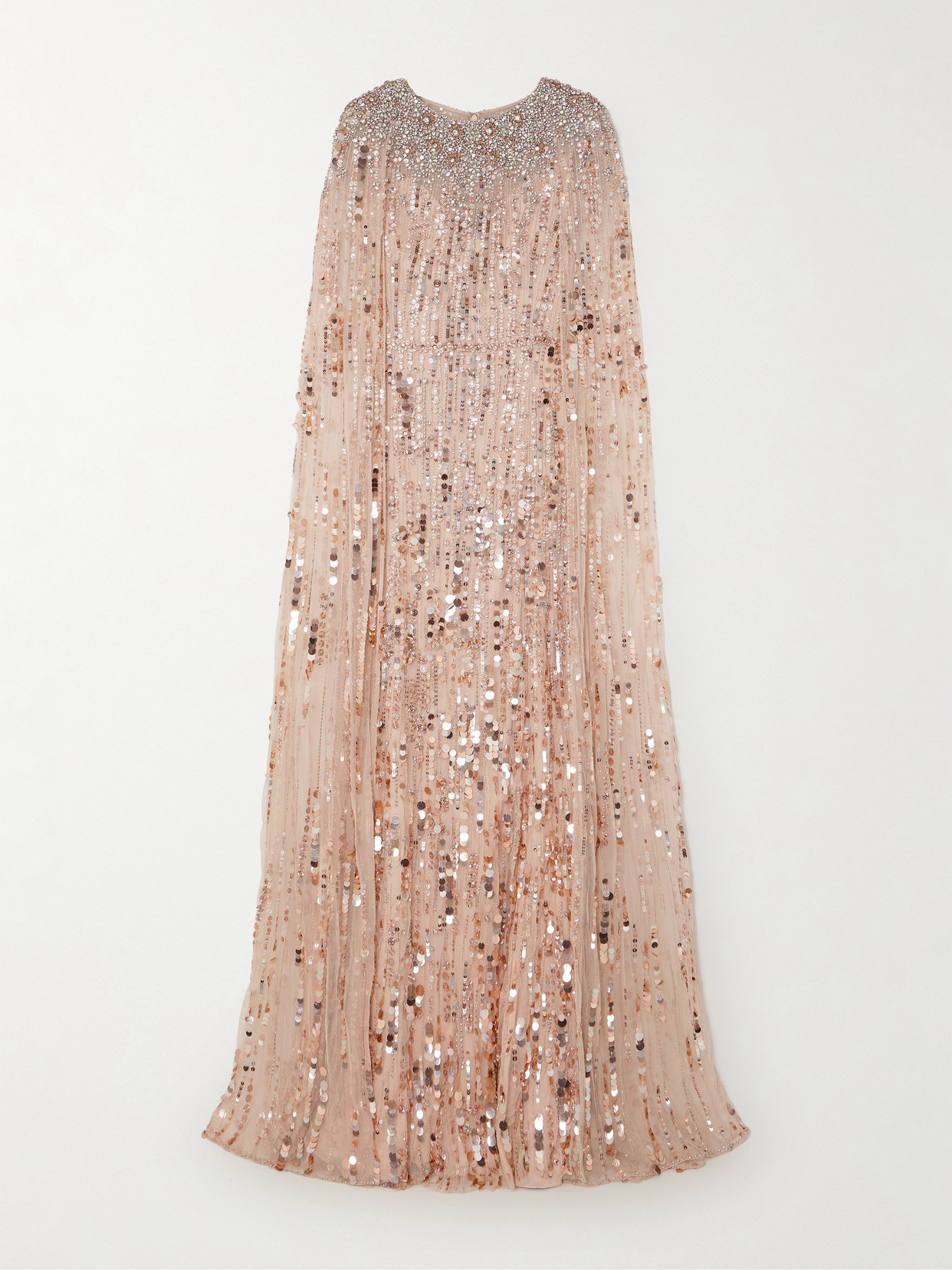 Jenny Packham Cape-effect Embellished Sequined Tulle Gown In Rose Gold