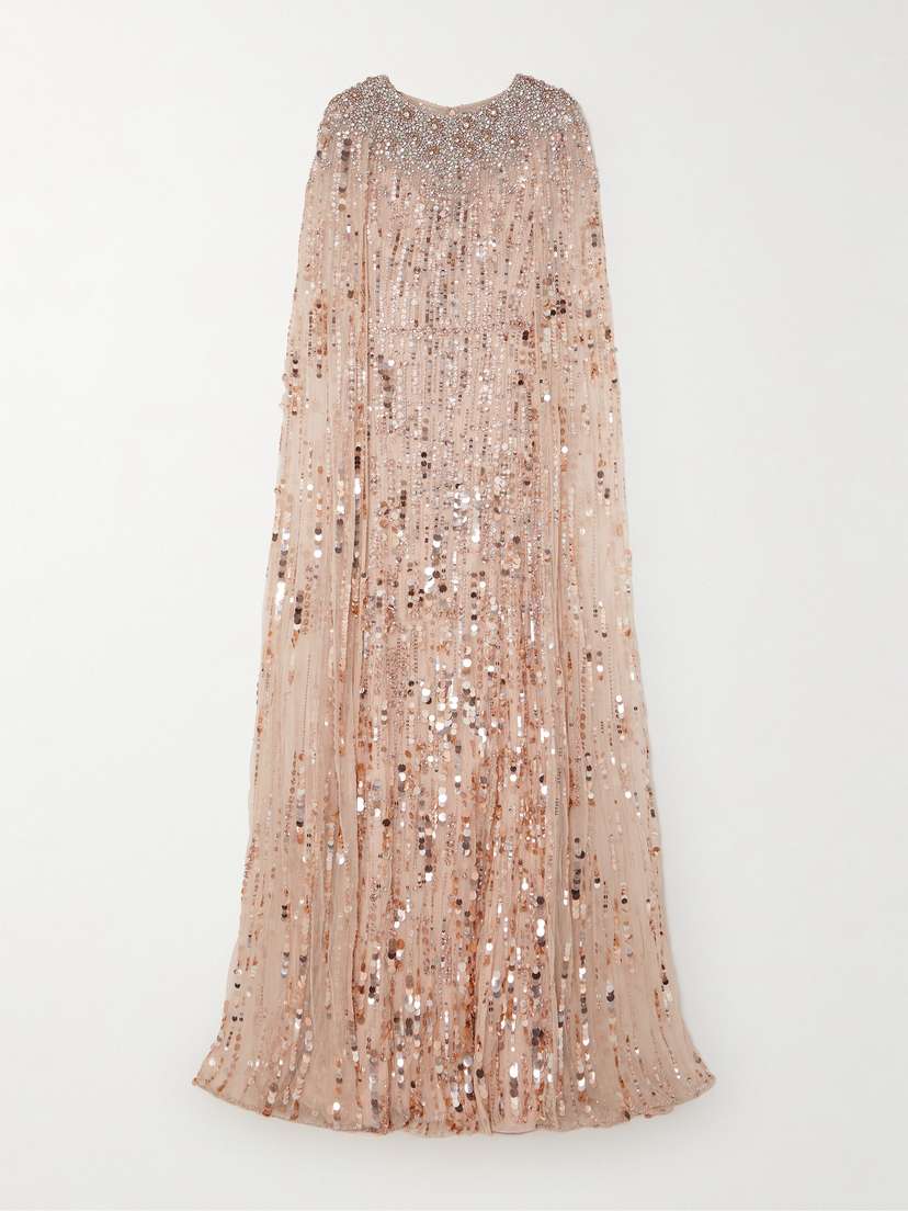 Jenny Packham Cape-effect Embellished Sequined Tulle Gown - UK 22