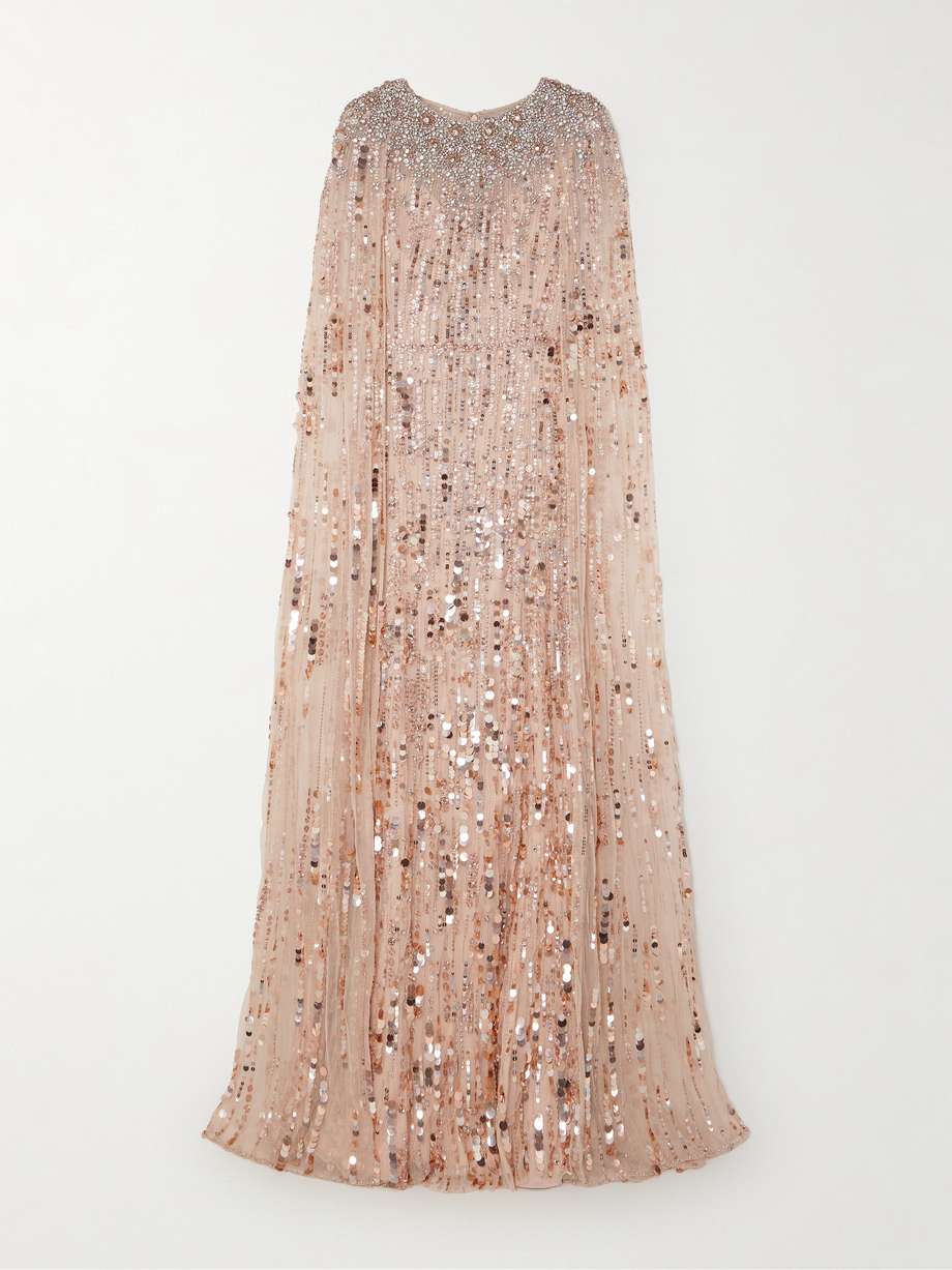 cape-effect embellished sequined tulle gown