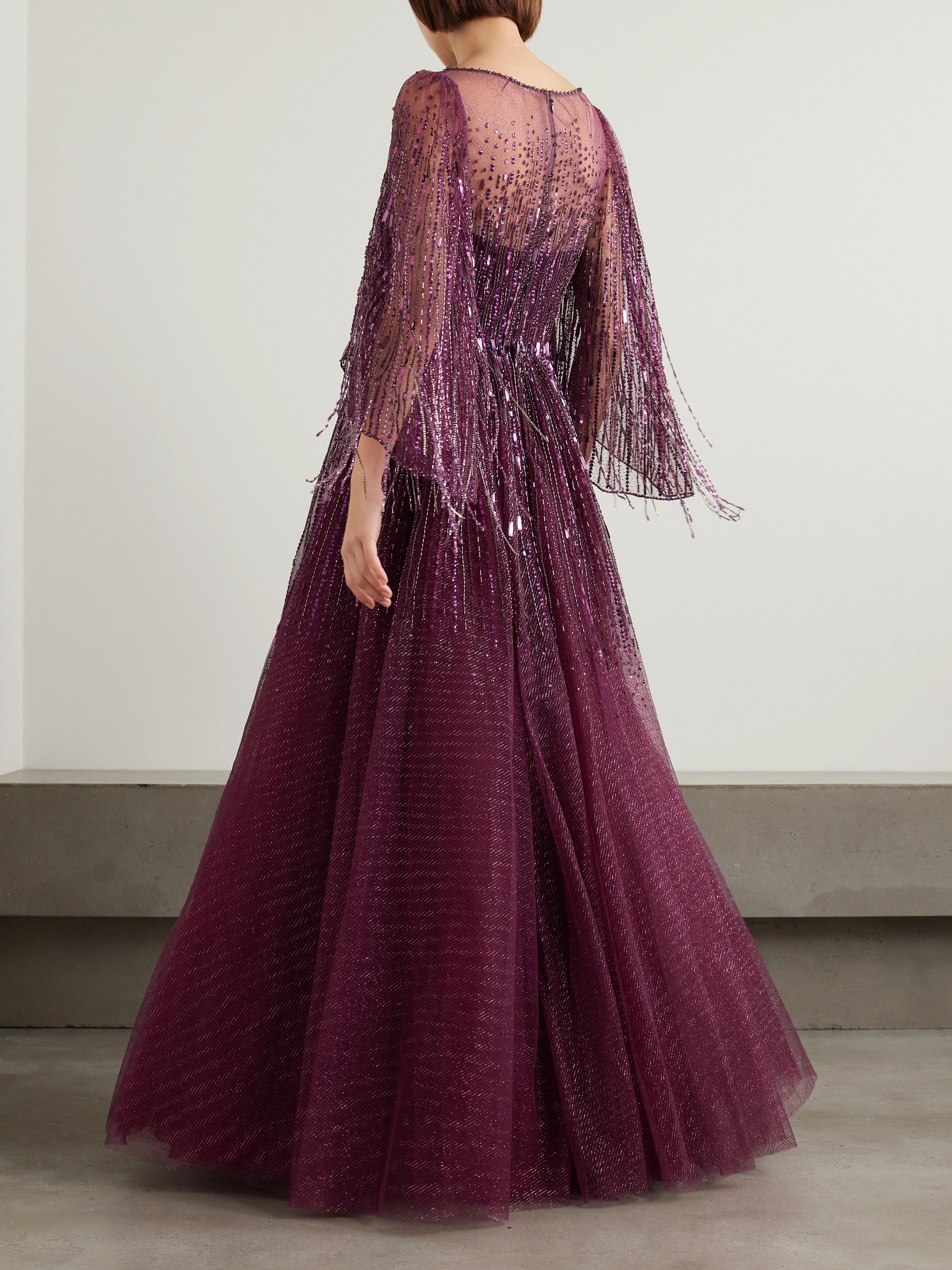 Jenny Packham Hestia cape-effect embellished glittered tulle gown