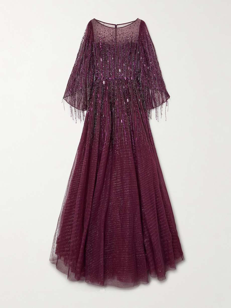 hestia cape-effect embellished glittered tulle gown