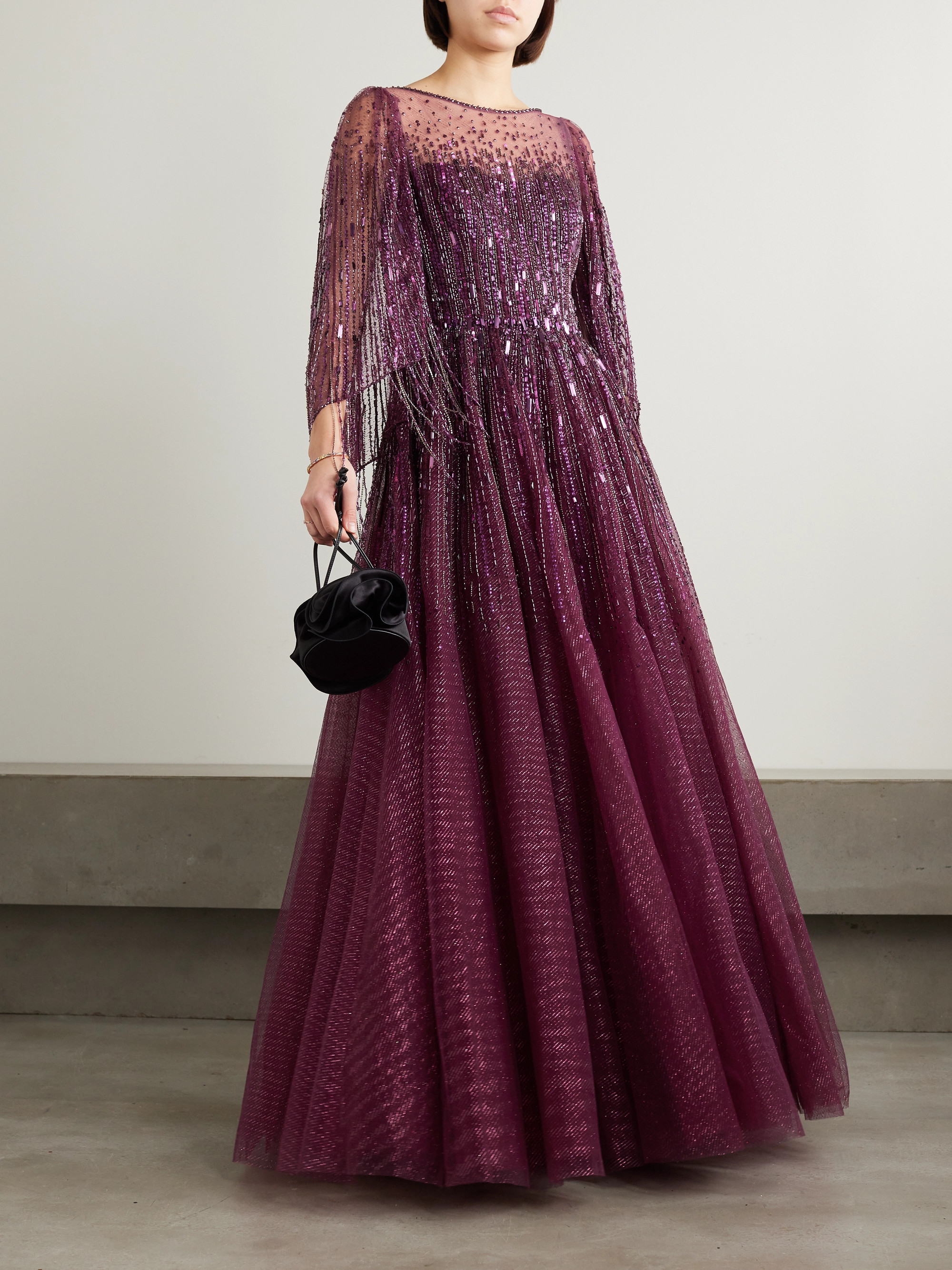 Jenny Packham Hestia cape-effect embellished glittered tulle gown