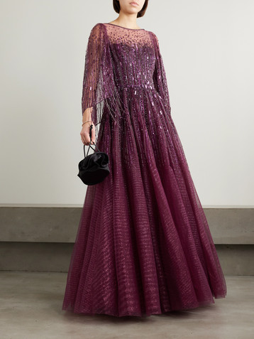 Jenny Packham Hestia cape-effect embellished glittered tulle gown