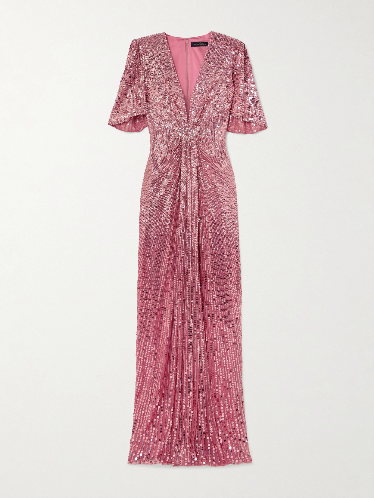 Jenny Packham Gathered Crystal-embellished Sequined Tulle Gown In Pink