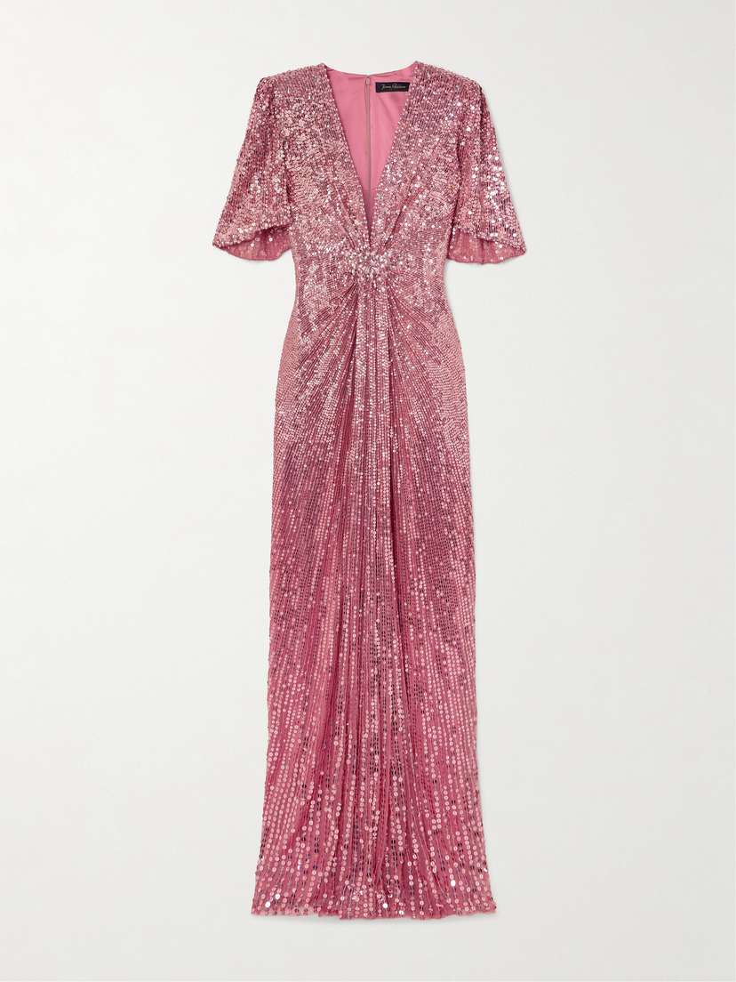Jenny Packham Gathered Crystal-embellished Sequined Tulle Gown - UK 18