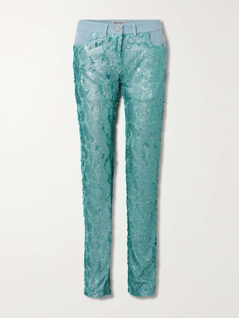 SIEDRÉS Sun Denim-trimmed Sequined Tulle Straight-leg Pants - EU 42