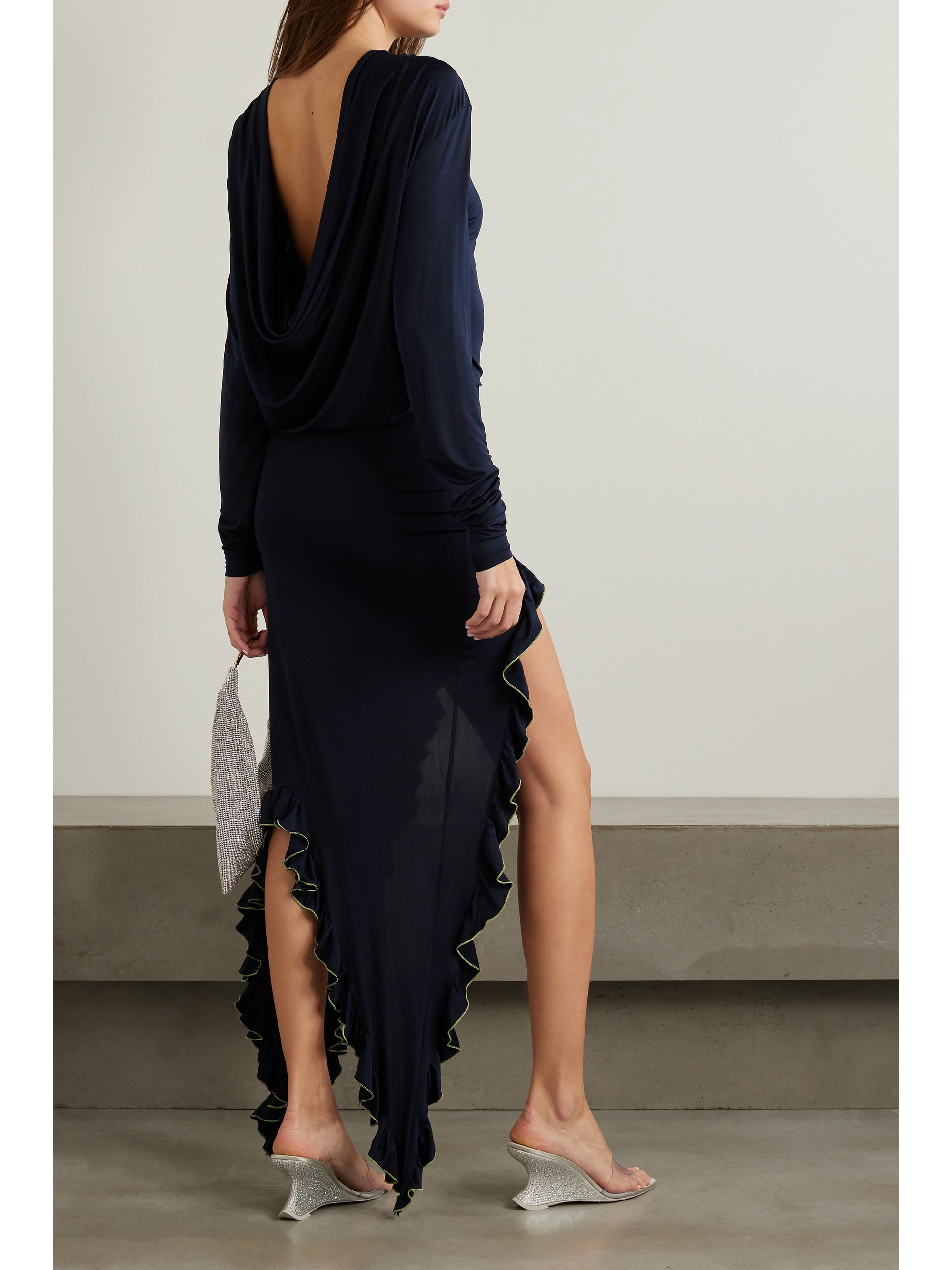 Siedrés Alea asymmetric ruffled embroidered stretch-jersey maxi dress