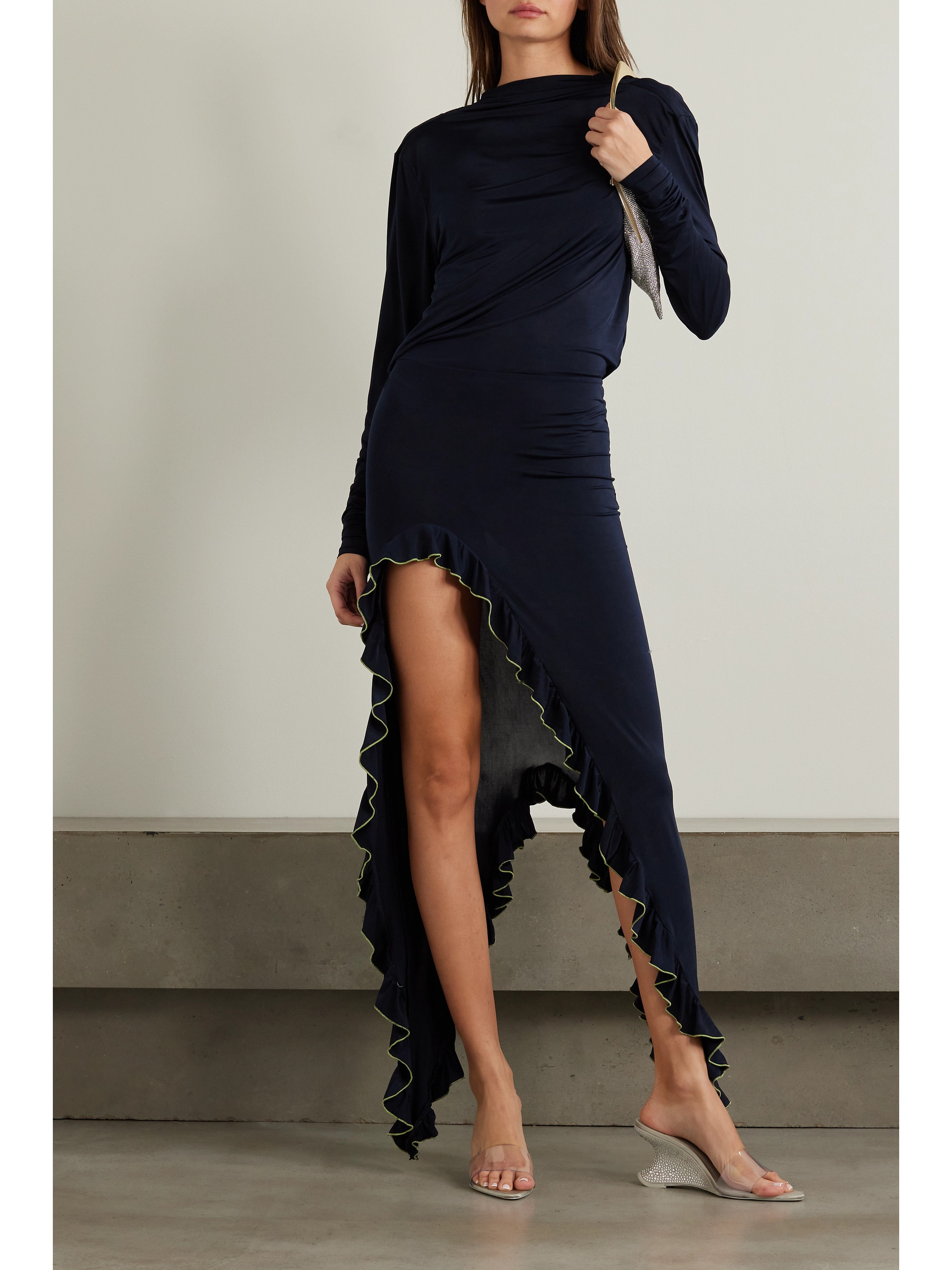 Siedrés Alea asymmetric ruffled embroidered stretch-jersey maxi dress